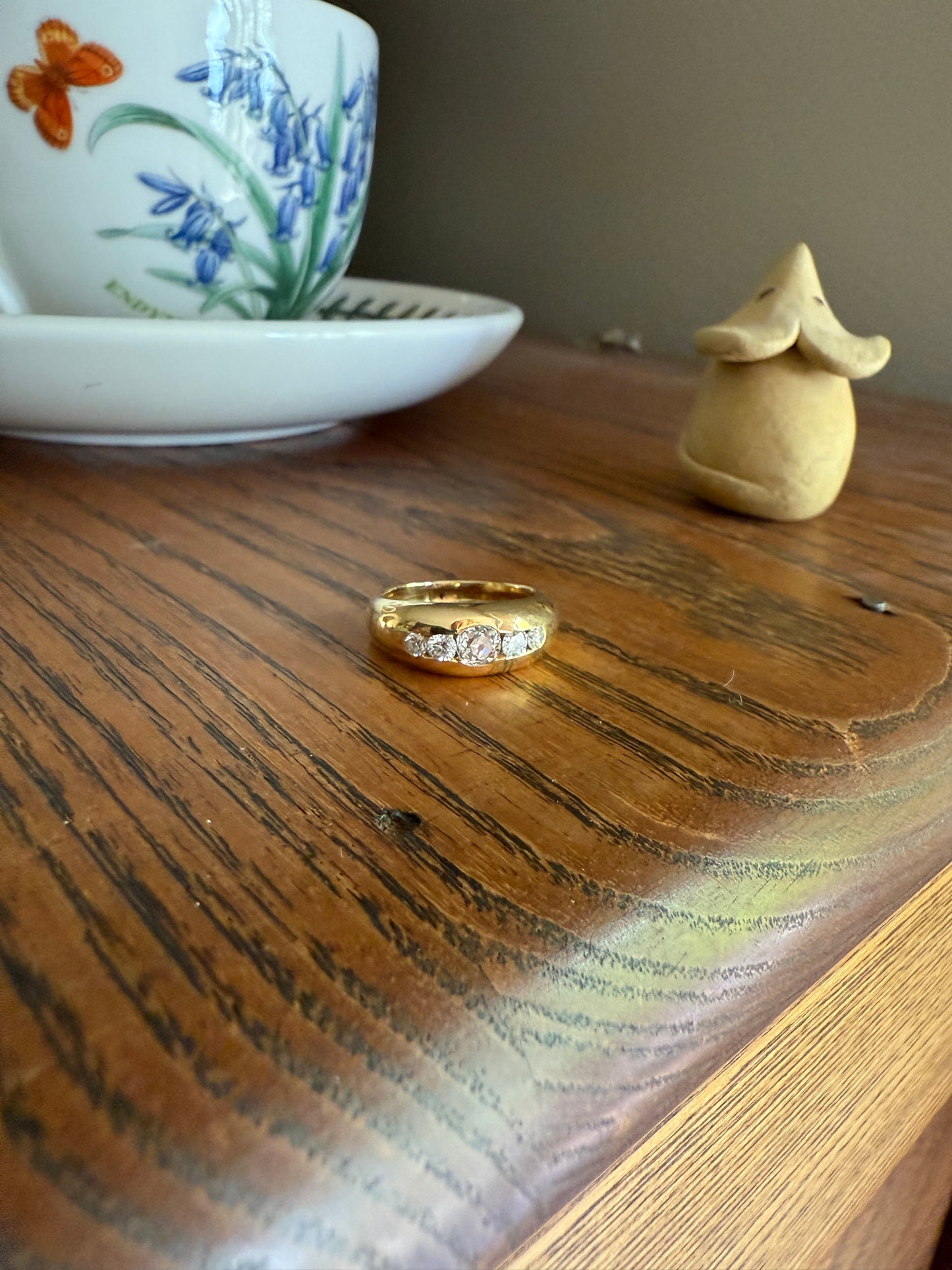 French Vintage .6 Carat Five Stone Ring Antique Old Mine Cut DIAMOND Center Wide Band 18k Gold Solid Stacker Chunky Domed