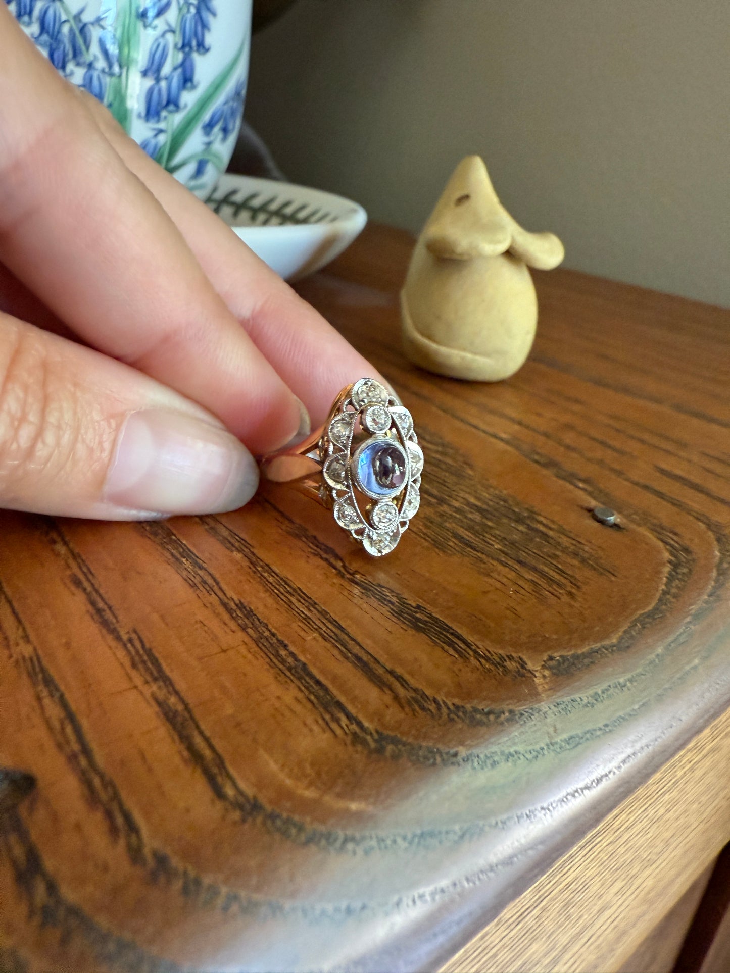 Glowing Blue Sugarloaf Sapphire Old Mine Cut DIAMOND Halo Scalloped French Antique 18k Gold Antique Ring