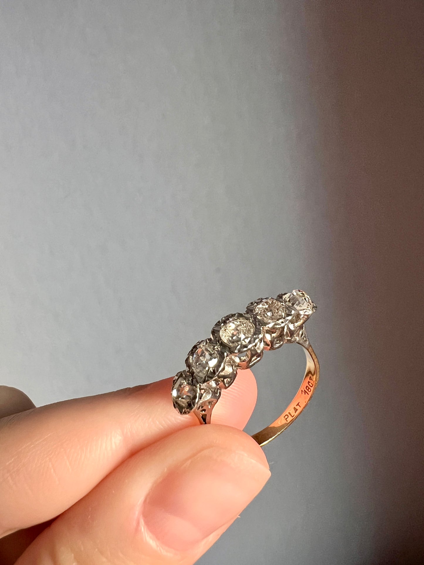 Antique 1.2 Carat Old Mine Cut DIAMOND 18k Gold Platinum Five Stone Ring Tall Band Splayed Stacker Blush Sunburst