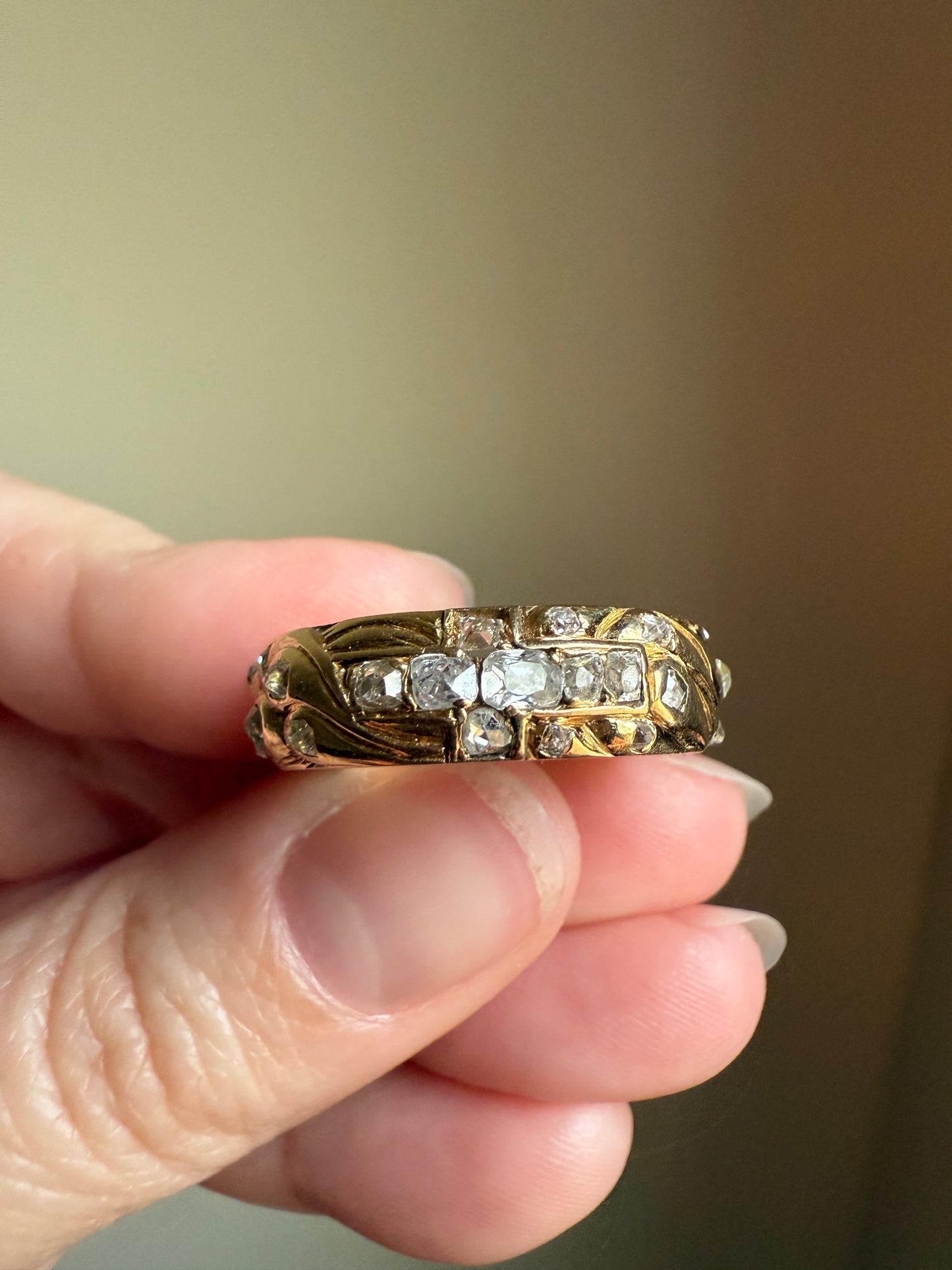 HEAVY One of a Kind Chunky Elongated 1.5ctw Old Mine Cut DIAMOND Encrusted Eternity Band French c1939 Ring 9.6g 18k Gold Anniversary? Dated