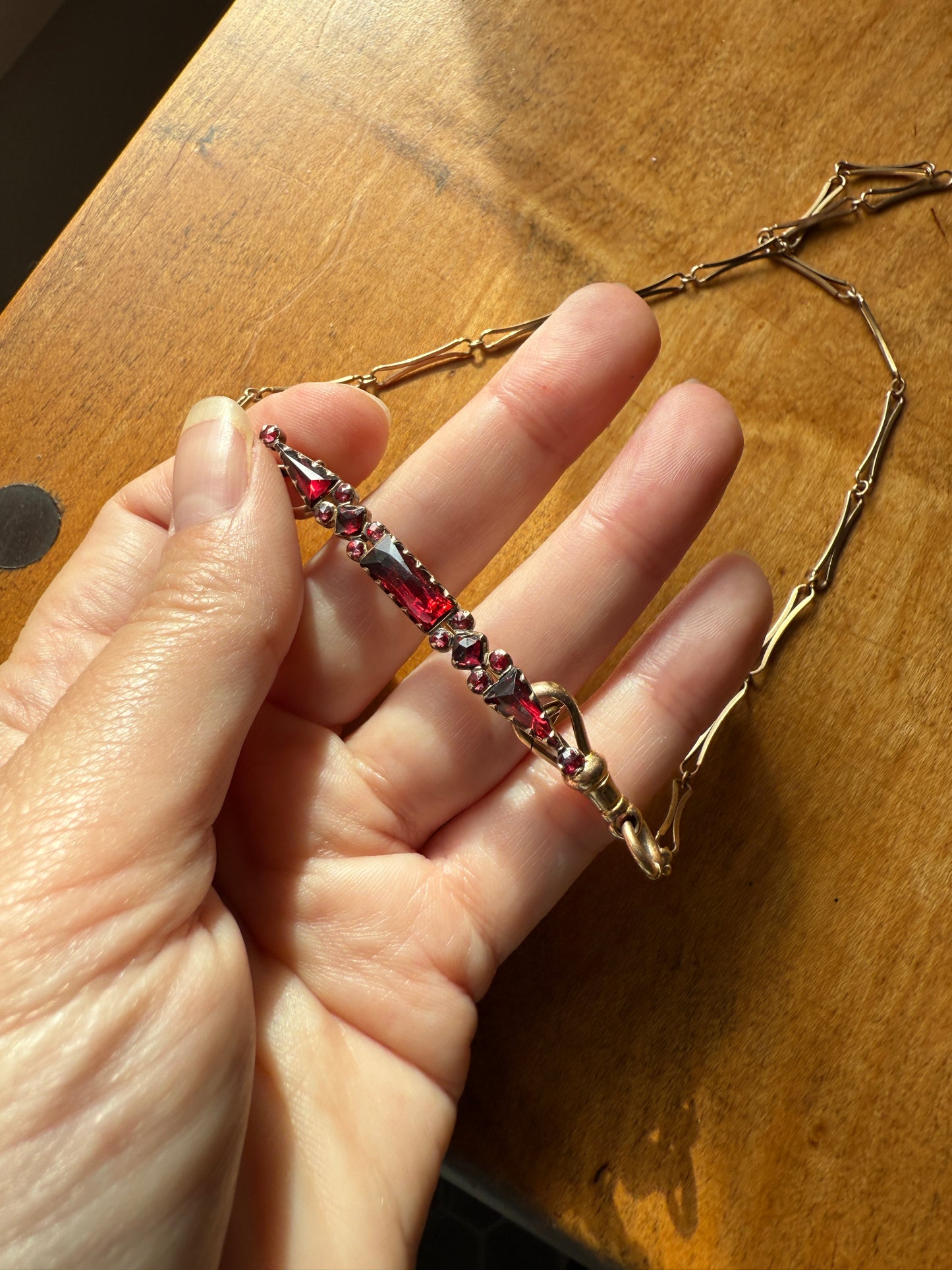 PERPIGNAN Garnet Purple Pink Bar Line Brooch for Pendant Conversion French Antique Victorian 18k Gold Extender Connector Triangle Cut