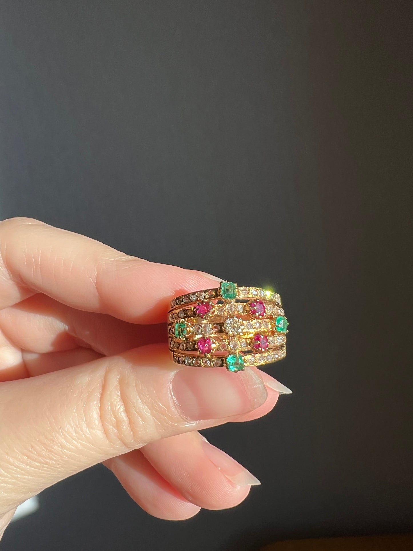 Antique Rose & Old Mine Cut Diamond Old Cut Natural RUBY Emerald Multi Band Ring Harem Victorian French 18k Gold