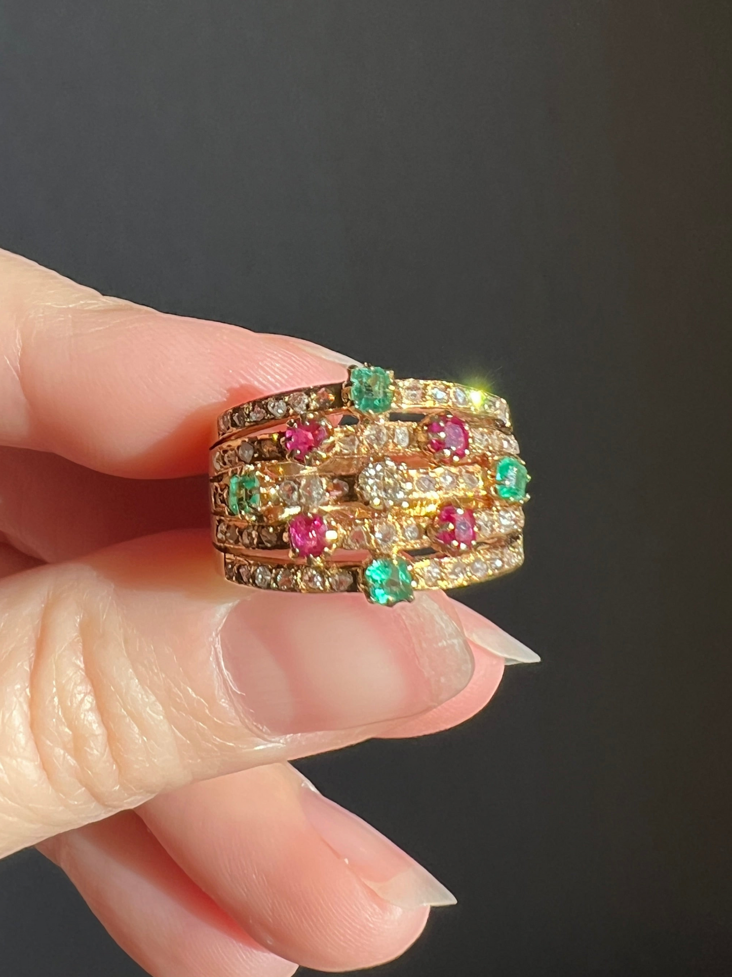 Antique Rose & Old Mine Cut Diamond Old Cut Natural RUBY Emerald Multi Band Ring Harem Victorian French 18k Gold