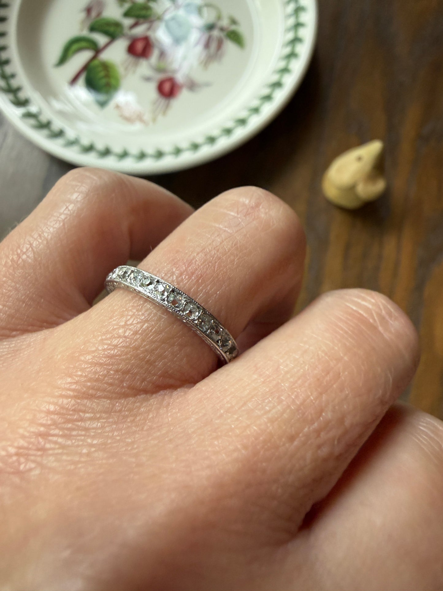 French Antique PLATINUM Chunky 1.5 Carat 29 Old Mine Cut Eternity Band Skinny Wedding Band Engraved Edwardian Stacker