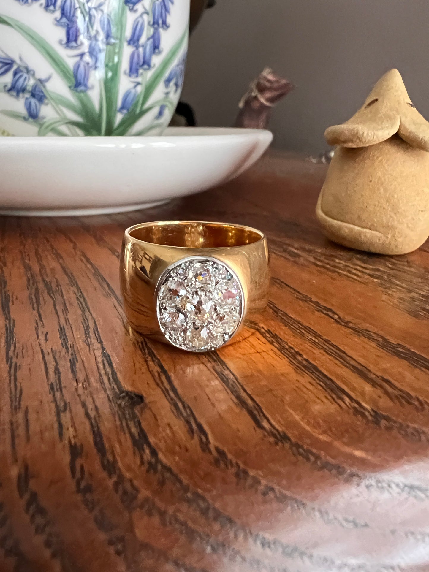 HEAVY 20g 18k Gold Antique CHUNKY 13mm Wide Cigar Band 1.5 CARAT Old Mine Cut DiAMONDS Ring French Cobblestone Oval Cluster