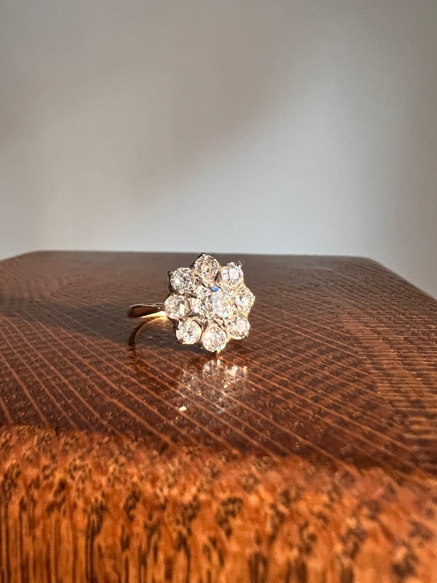 French Antique 2 Carat Old Mine Cut DIAMOND Ring 18k Gold 2Ctw Halo Cluster Stacker Romantic Gift Daisy Engagement