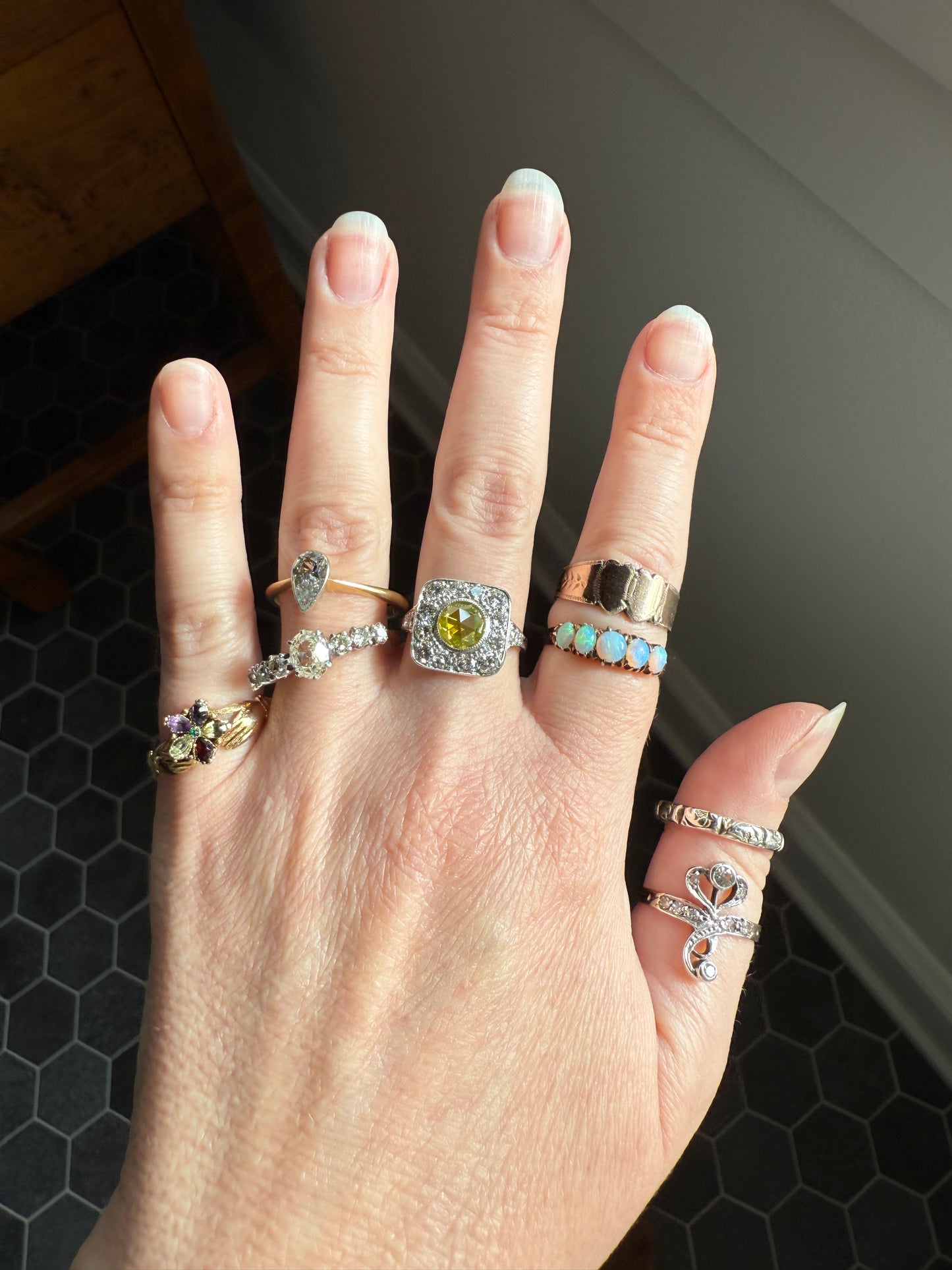 Vintage .8 Carat Fancy Greenish Yellow Natural ROSE CUT Diamond 1.8 Ctw Transitional Cut Boxed Cobblestone Panel Ring Platinum Lemon Lime