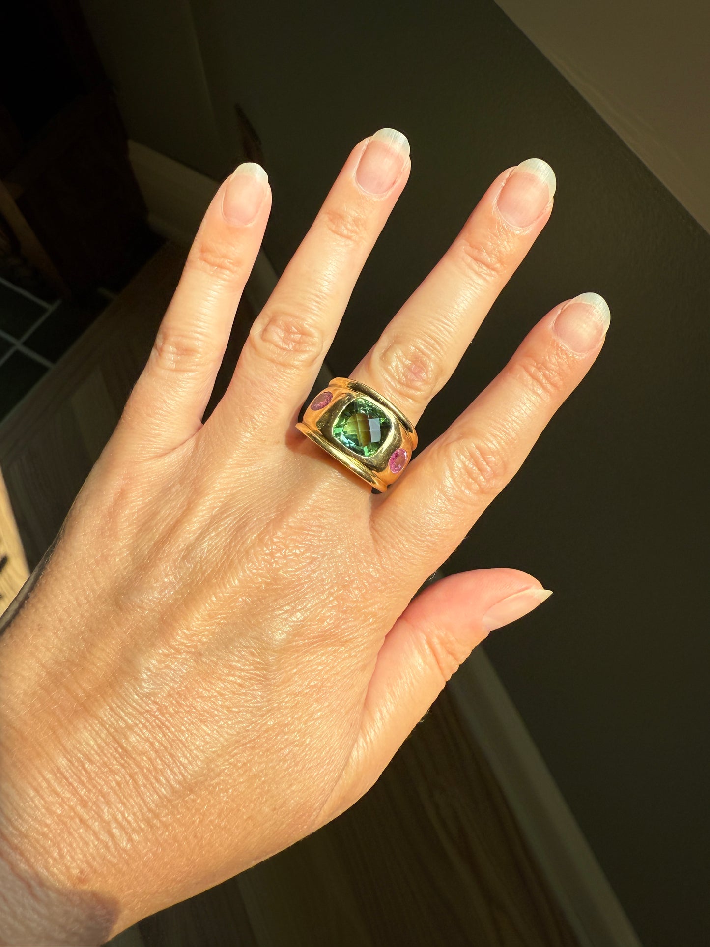 MEGA Green Tourmaline & Pink Sapphire Three Stone Ring HEAVY 20g 18k Gold Solid French Vintage Chunky Stacker Discoball Wide Band Color