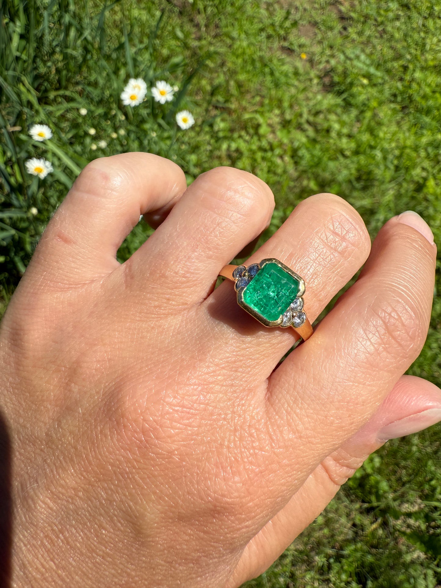 Vintage Rectangular Emerald Diamond Seven Stone Ring French 18k Gold Band Retro Stacker Green Sparkle Colorful Gift Tall Demi Bezel