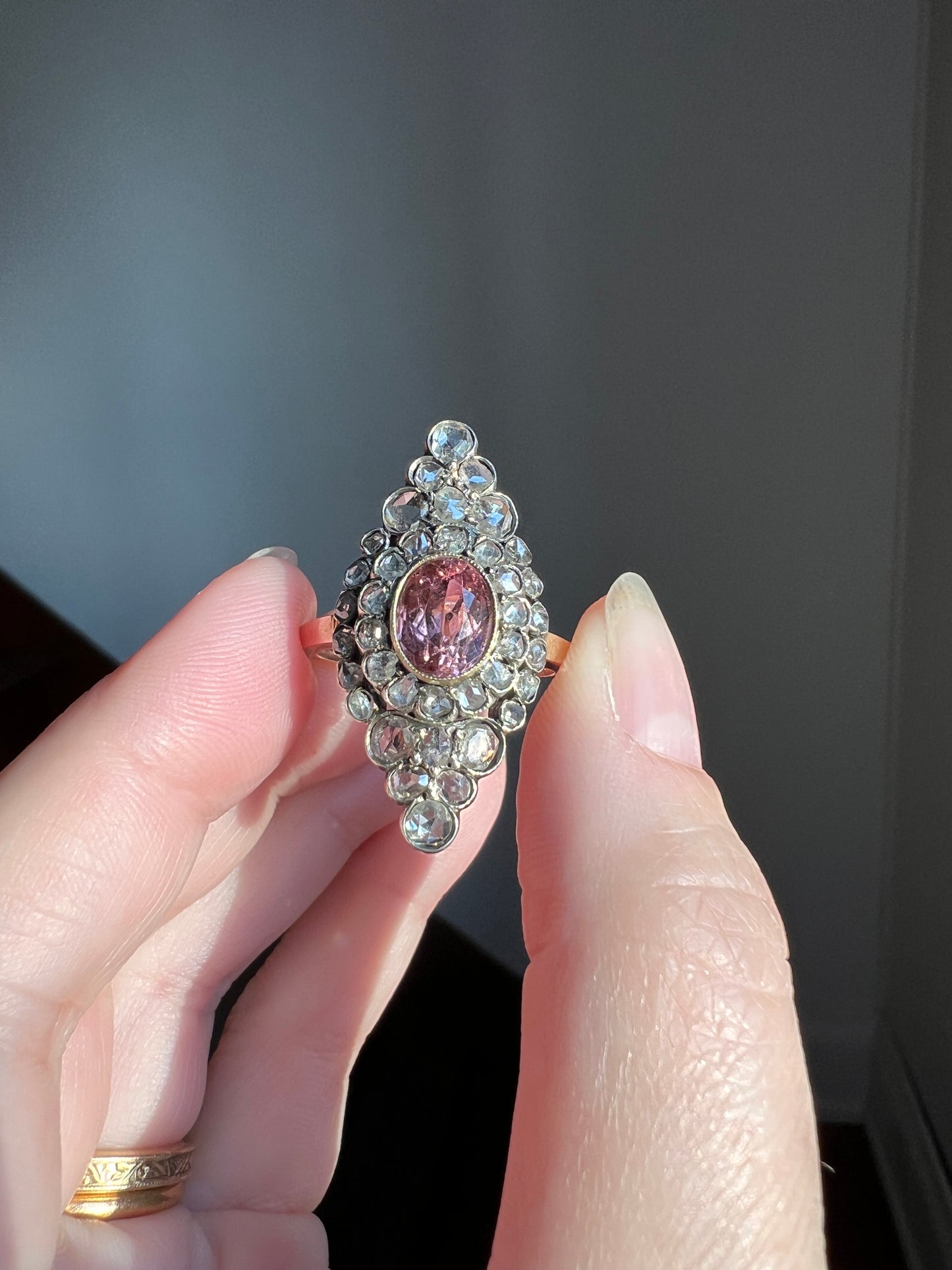 Pink TOURMALINE 2 Carats Rose Cut DIAMONDS XL Antique Navette Ring 14k Gold Platinum Tiered Halo Cluster