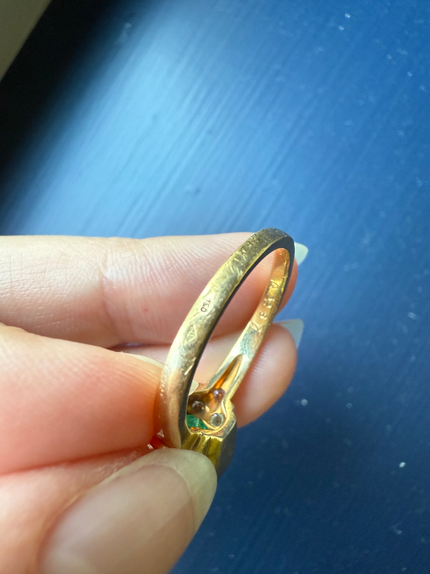 Vintage Rectangular Emerald Diamond Seven Stone Ring French 18k Gold Band Retro Stacker Green Sparkle Colorful Gift Tall Demi Bezel