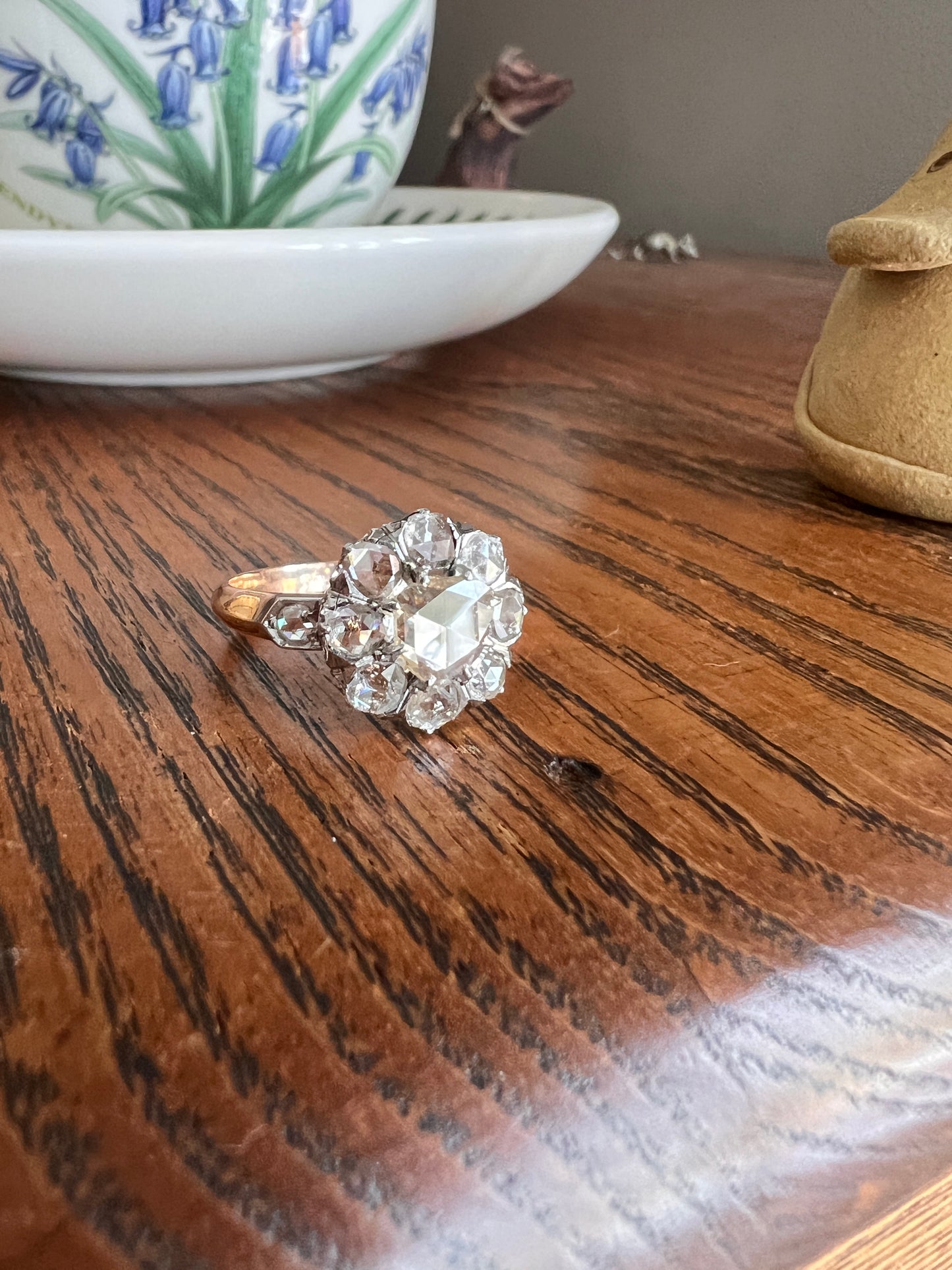 ANTIQUE 1.3 CARAT Rose Cut DIAMOND Clear Disco Daisy Cluster Ring French Victorian Era 18k Gold Platinum