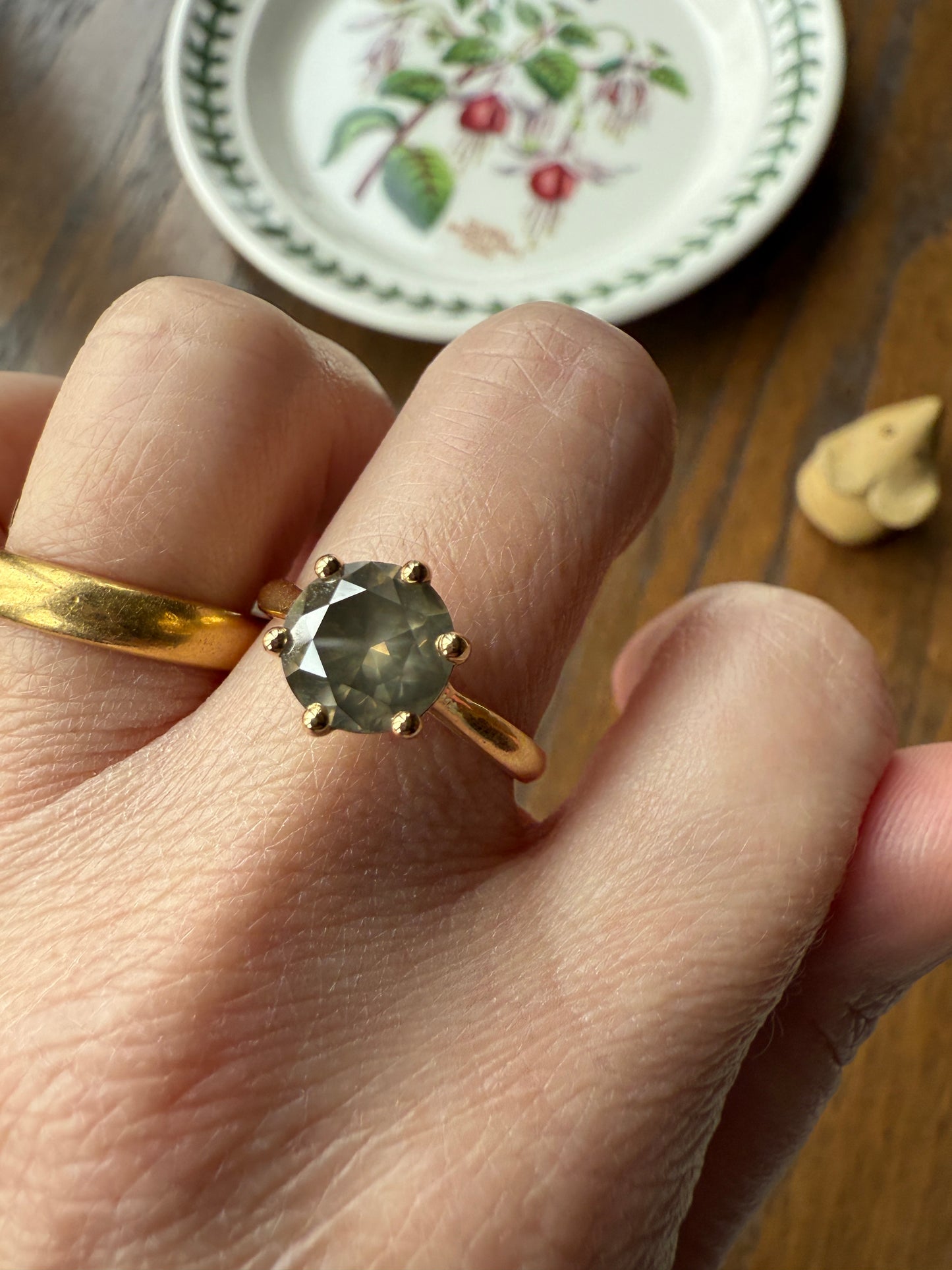 Fancy Intense Yellowish Gray Natural Diamond 2.4 Carat Solitaire Ring Smoky Inner Glow Aura French Vintage 18k Gold Unique Engagement Ooak