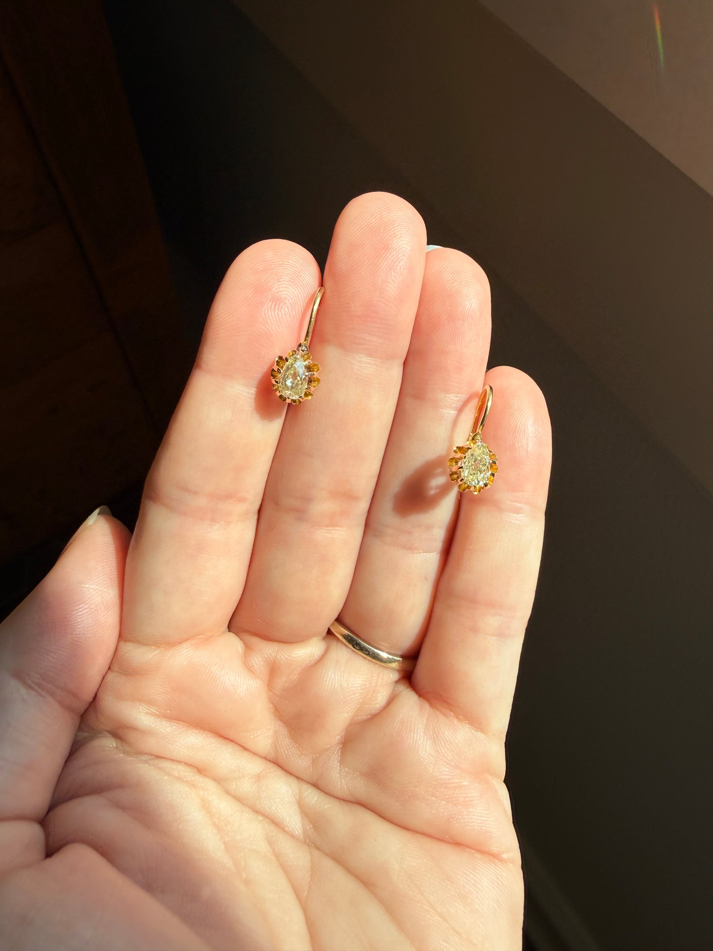 Rare PEAR Pale Yellow Old Mine Cut ANTIQUE One Carat Diamond Dormeuse Earrings 18k Gold Fixed Buttercup Setting Minimalist Sparkle Victorian