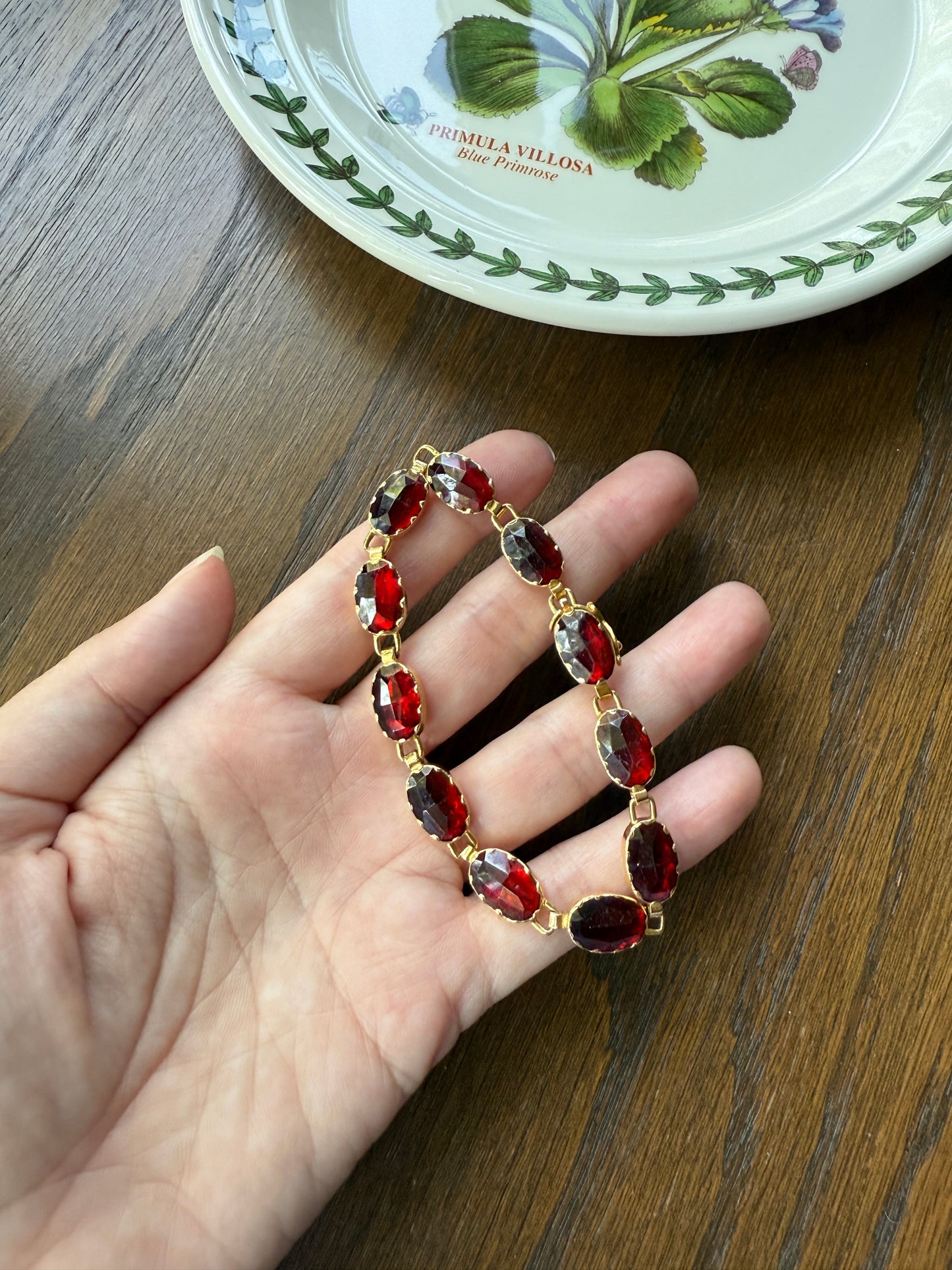 Vintage French Perpignan GARNET Riviere Eternity Bracelet 18k Gold Large Oval Bezel Set Rose Cut Closed Back Glowing Crimson Red Riviera