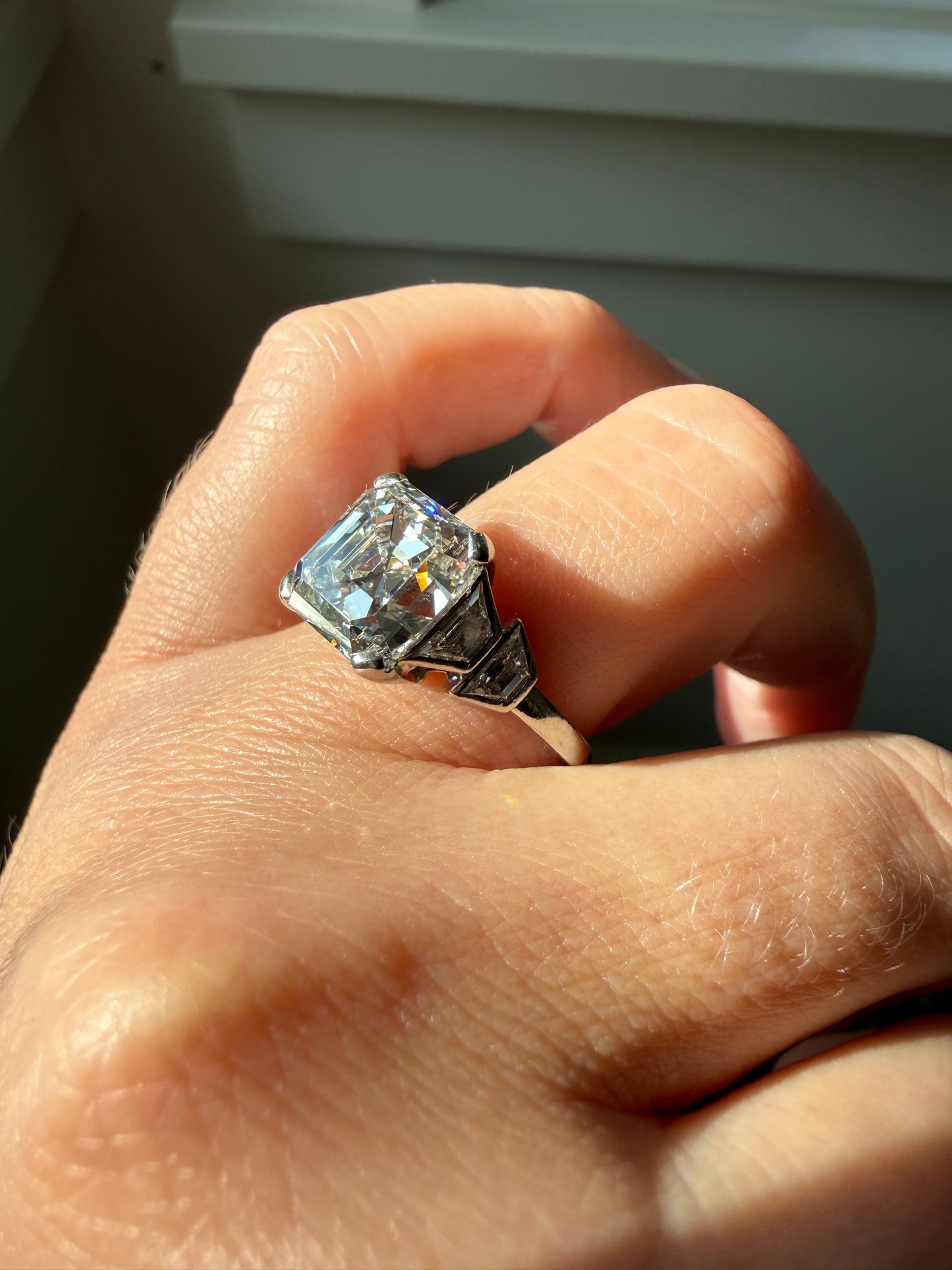Exceptional 4 Carat Square Step Cut Diamond Solitaire Ring French PLATINUM w/ Trapezoid Accents Vintage to Art Deco 4.5Ctw Faces Eye CLEAN