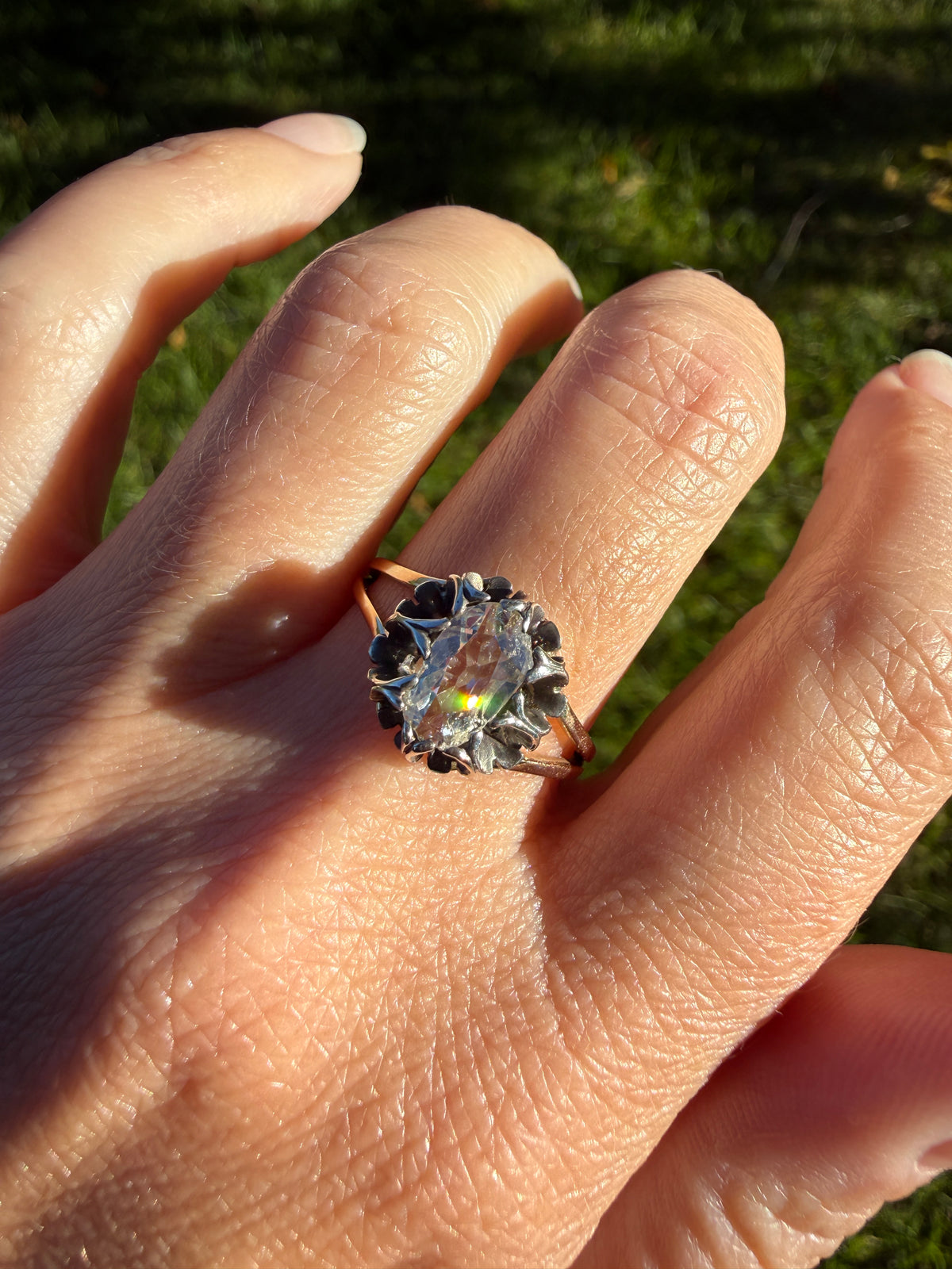 ANTIQUE Elongated Old Mine Cut Oval DIAMOND Silver Star Prong Basket Setting in 10k Gold Unique Buttercup Victorian .6 to 1.2 Ct.
