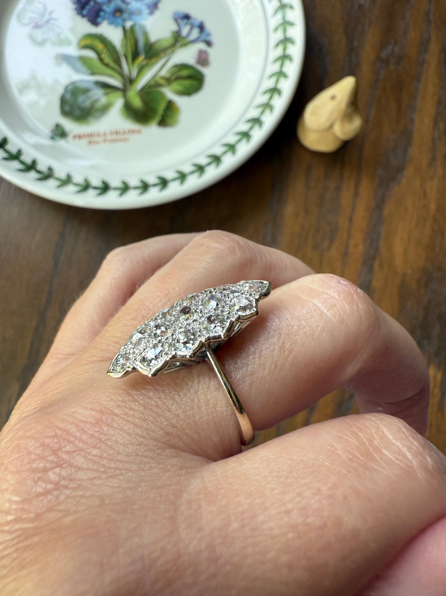 TALL Unique 2.3 Carat Old Mine Cut DIAMOND Navette Cluster Ring French Vintage 18k White Gold Demi Bezel Halo Cobblestone Texture 2.3Ctw OMC