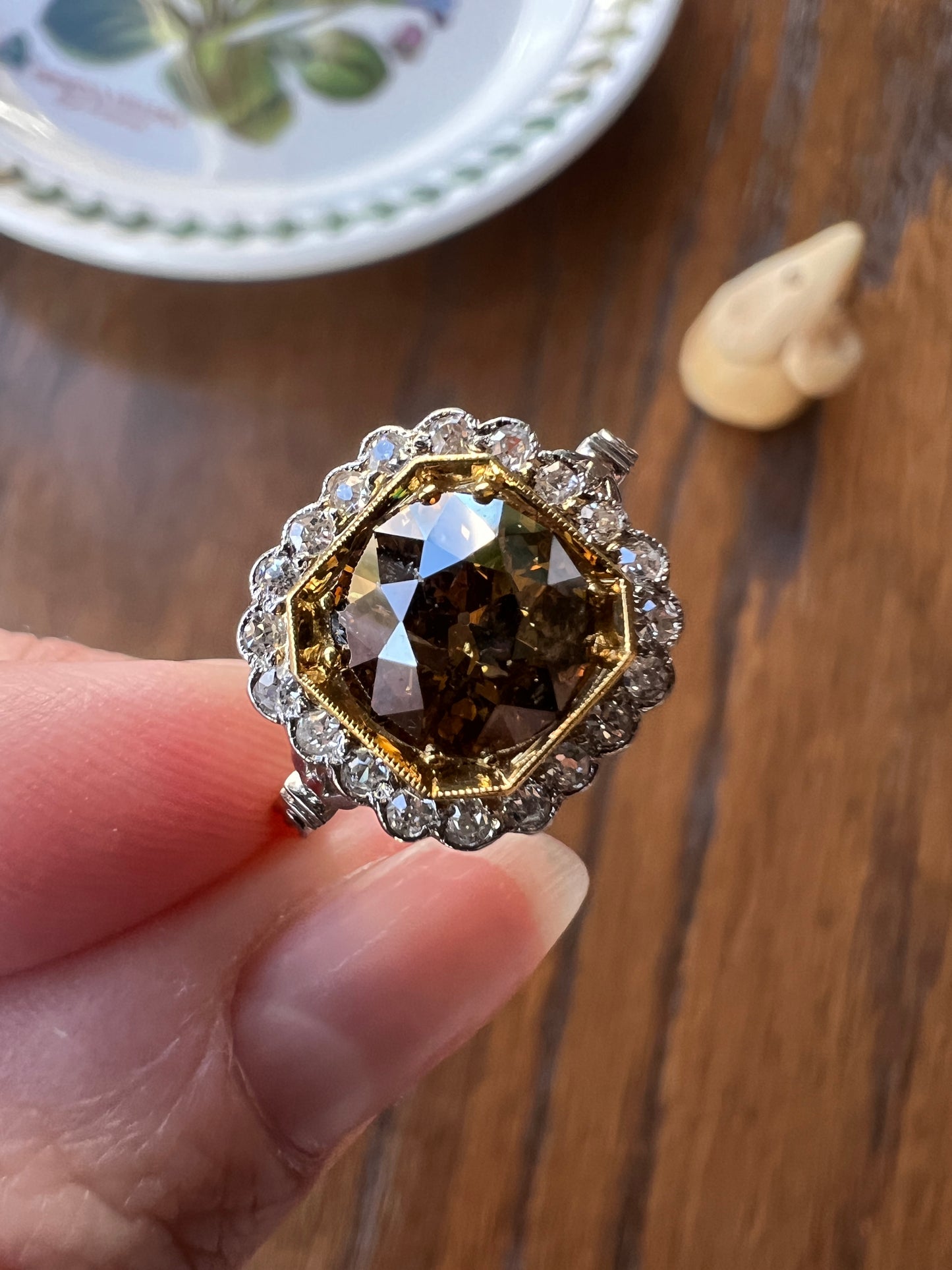 Edwardian 2.3 Carat Tdw Antique Fancy BROWN Yellow Old European Cut DIAMOND Halo Ring Platinum 18k Gold