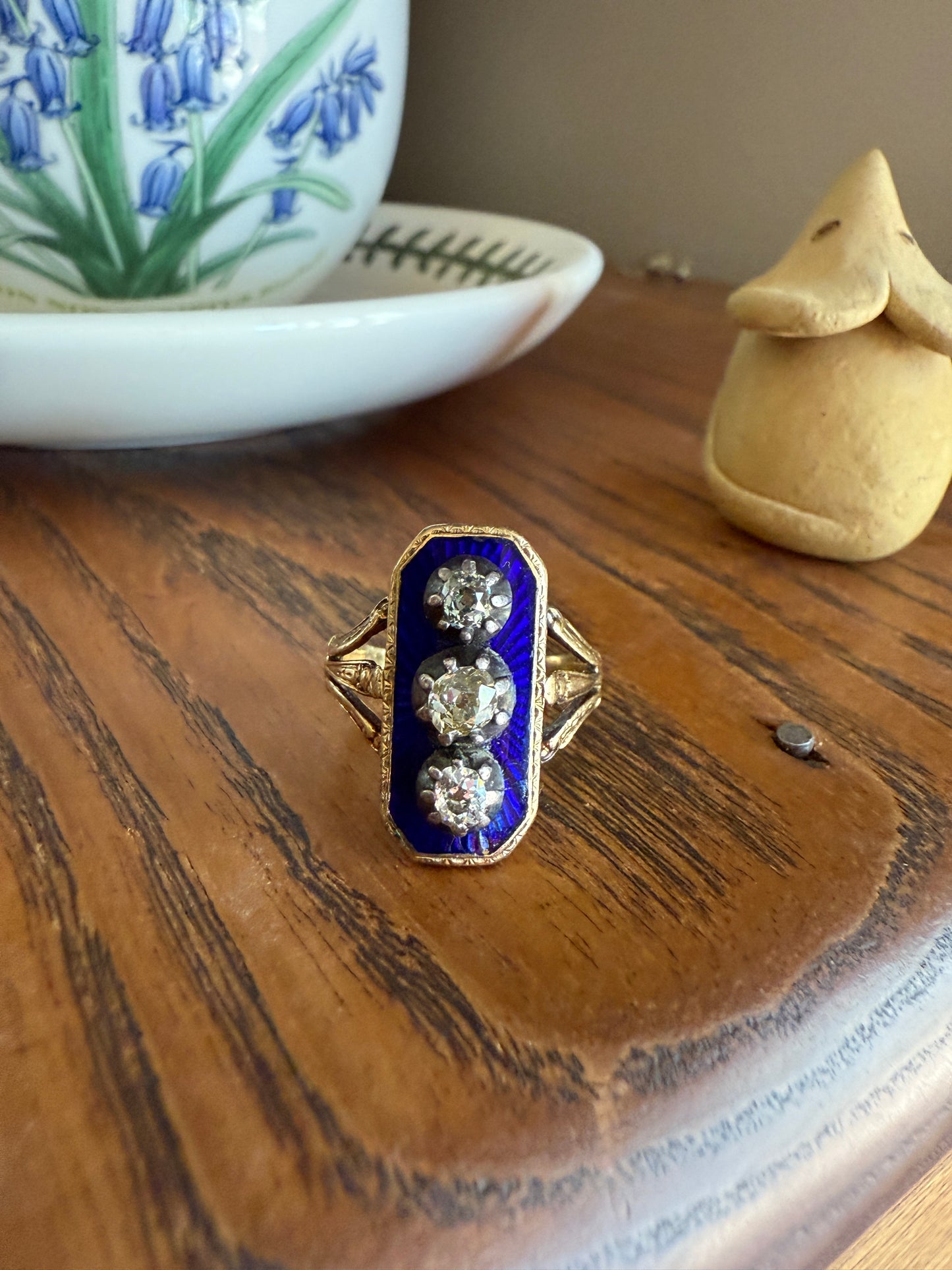 French Antique Georgian Bague Au Firmament .8 Carat Old Mine Cut Diamond Blue Enamel 18k Gold Ring of Heaven STAR Victorian