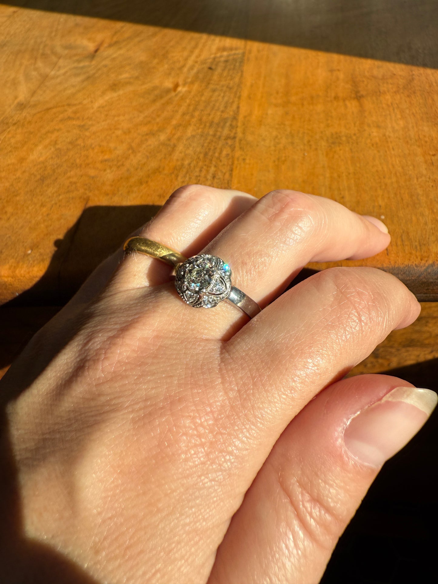 Vintage 1 Carat Tdw Antique Old European Cut Diamonds 18k White Gold Ring Scandinavian Domed Ornate Cluster Ring Art Deco Edwardian Style