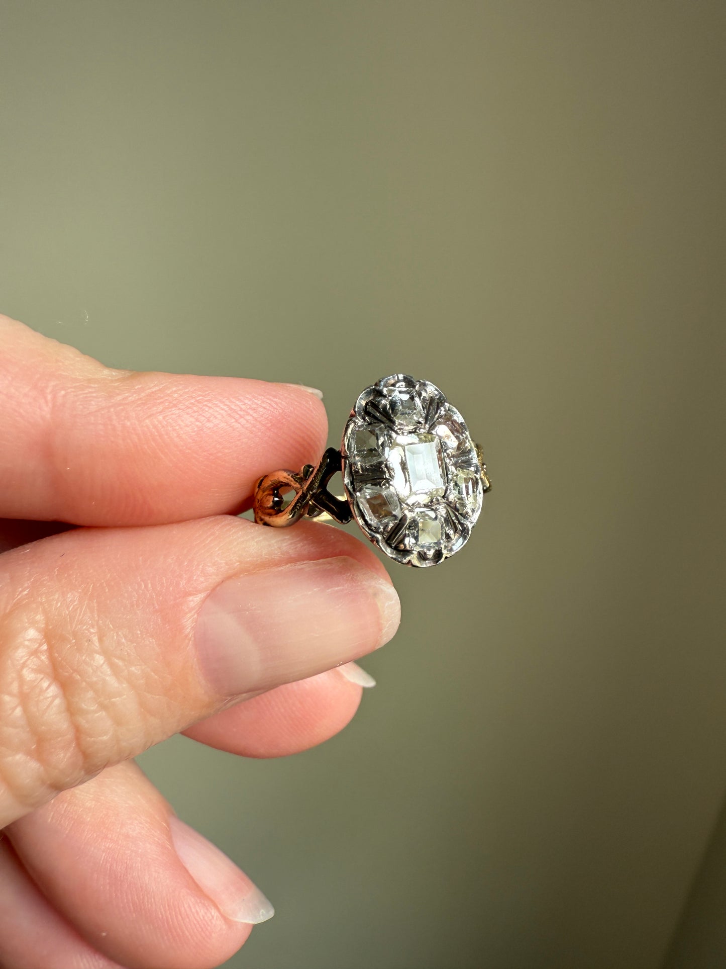 French Early Victorian Era Antique Open Back Table Cut DIAMOND Oval Cluster Ring 18k Gold Scarce Romantic Gift 1800s Ornate Band Stacker