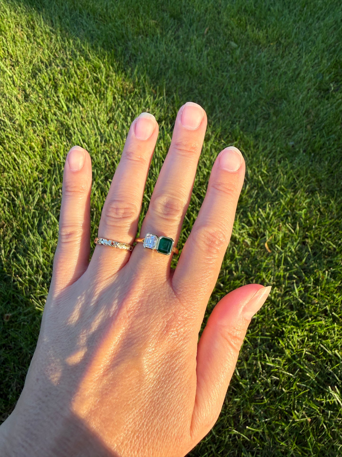 Vintage Emerald Cut Diamond Natural Green Emerald Toi et Moi Ring French 18k Gold Bezel Set Geometric Stacker Ring Unique Engagement