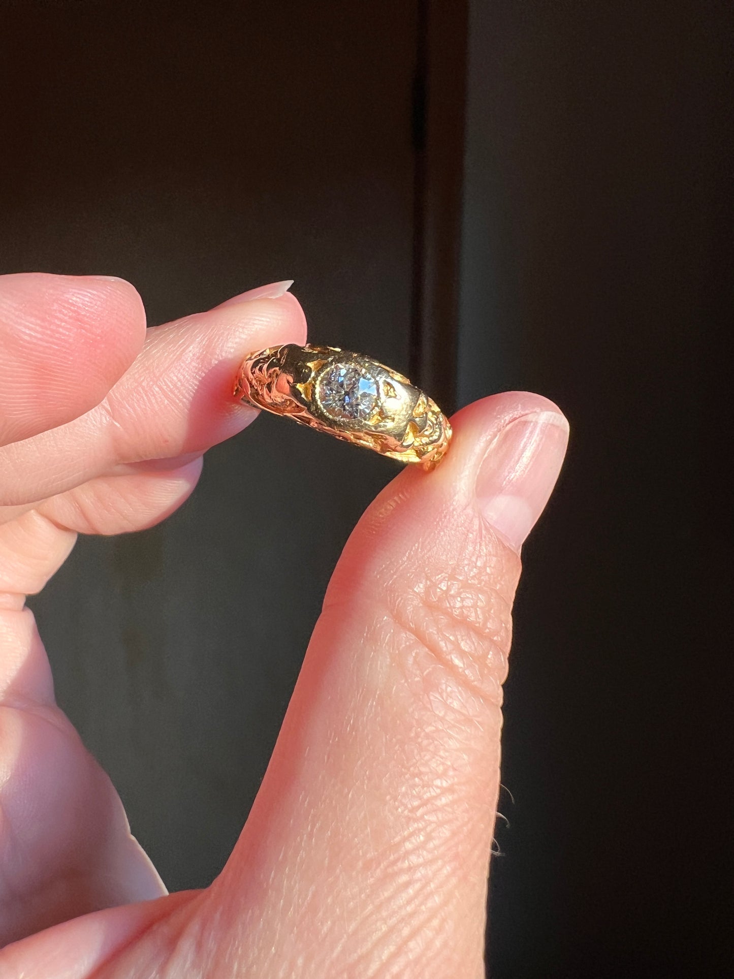 Handsome DEVIL Antique Old Mine Cut DIAMOND Ring 8g 18k Gold FACES Chunky Ring French Art Nouveau Figural 3D