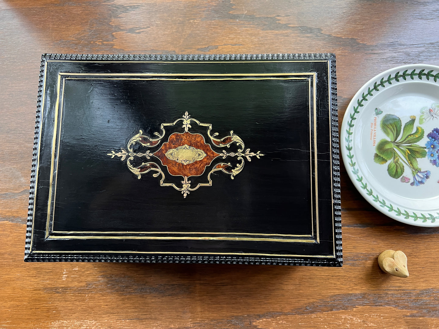 GORGEOUS French ORIGINAL Antique XL Wooden Jewelry Box Footed Inlay Brass Burl Salmon Pink Velvet Silk Interior Ring Holder