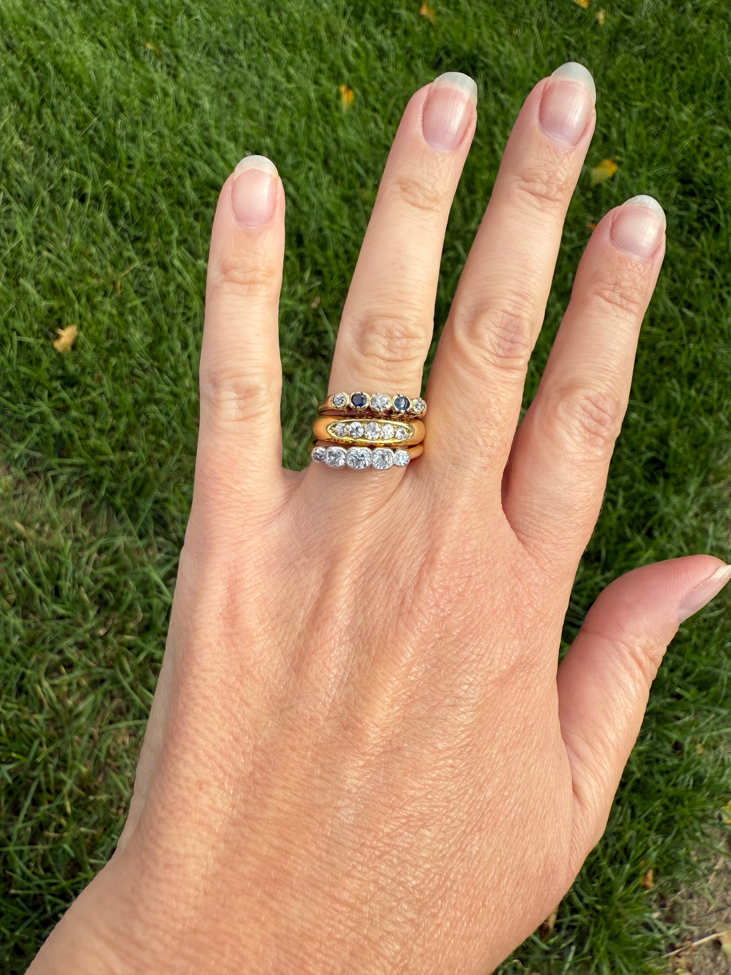 Antique Bezel Set Five Stone 0.6 Carat Old Mine Cut Diamond Ring 18k Skinny Band Stacker