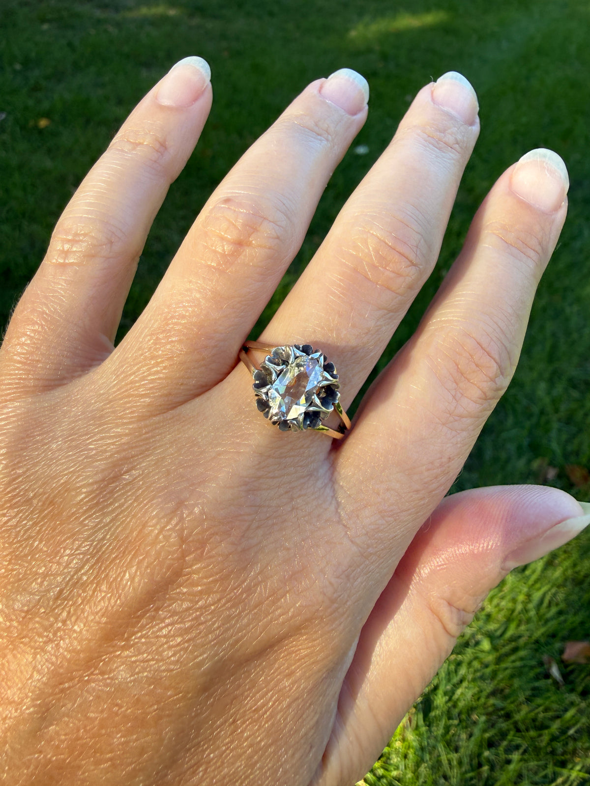 ANTIQUE Elongated Old Mine Cut Oval DIAMOND Silver Star Prong Basket Setting in 10k Gold Unique Buttercup Victorian .6 to 1.2 Ct.