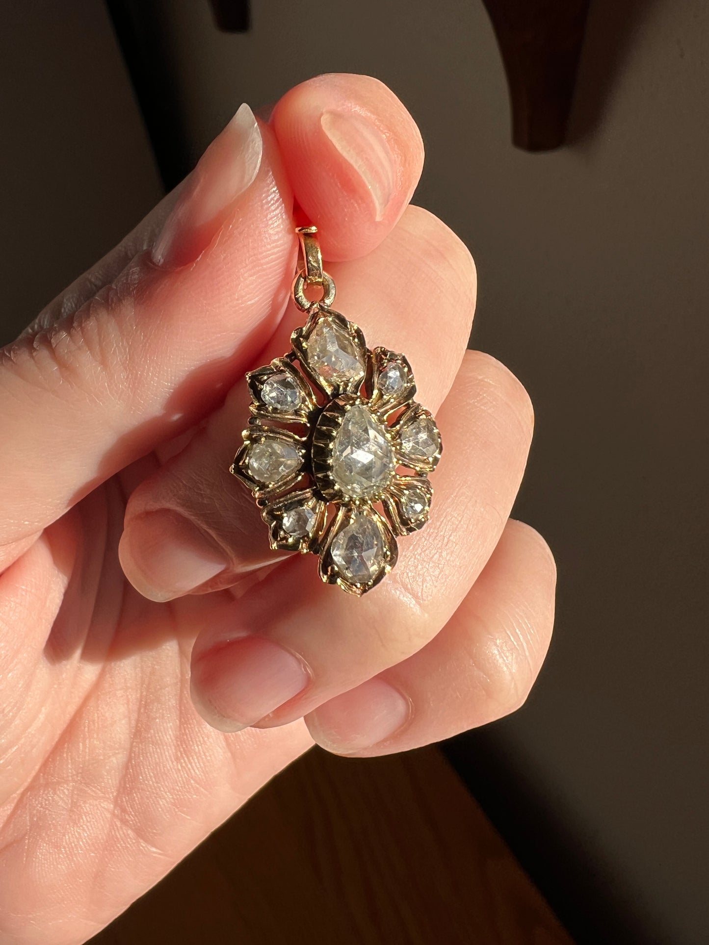 Large Antique FLORAL 2.4 Carats Rose Cut DIAMOND Cluster PENDANT French 18k Gold Victorian Gift Domed Pear