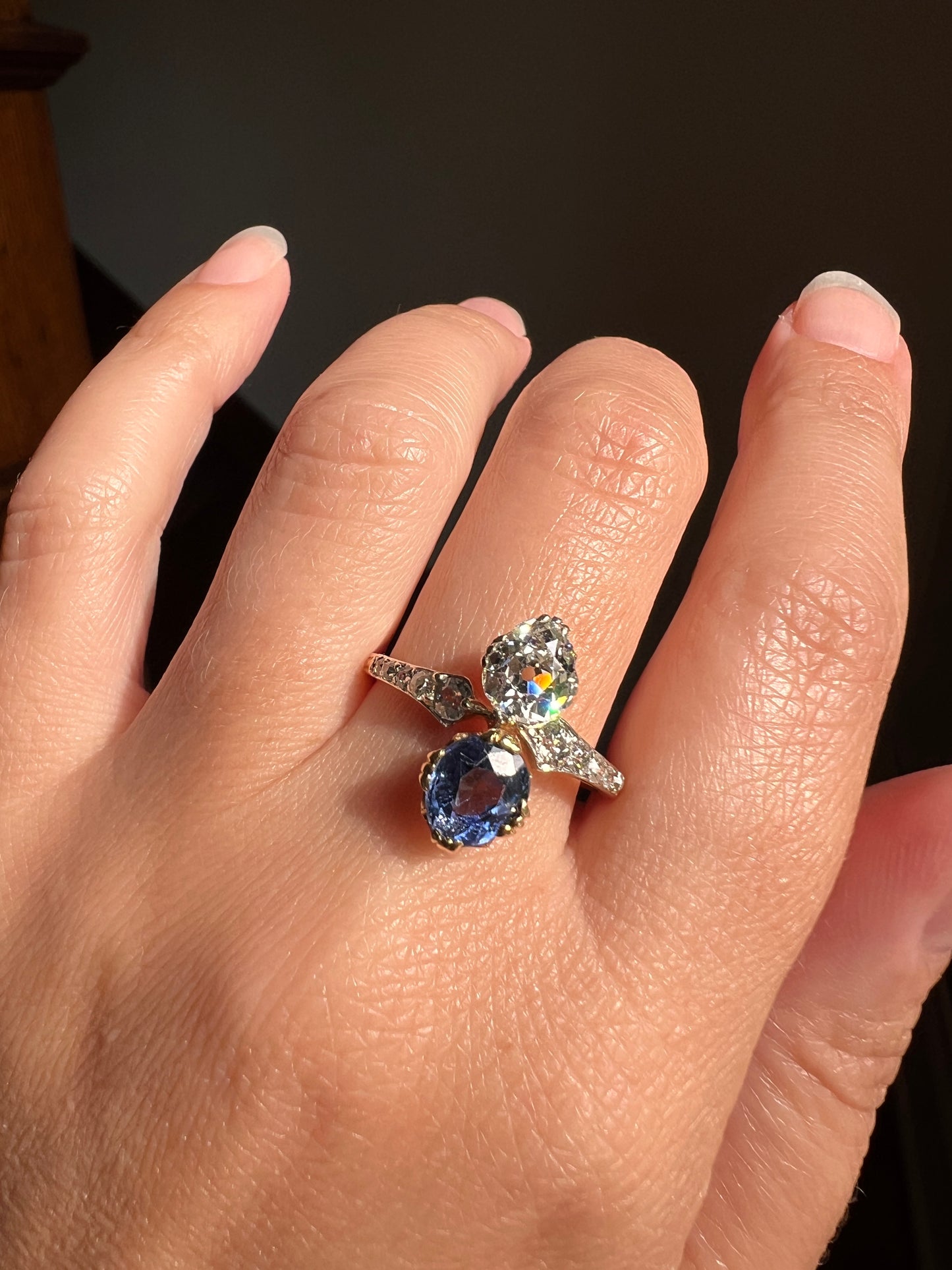 Antique No Heat PEAR Natural Ceylon SAPPHIRE Old Mine Cut DIAMOND Toi et Moi Ring 1 Carat Tdw French 18k Gold Platinum Ring