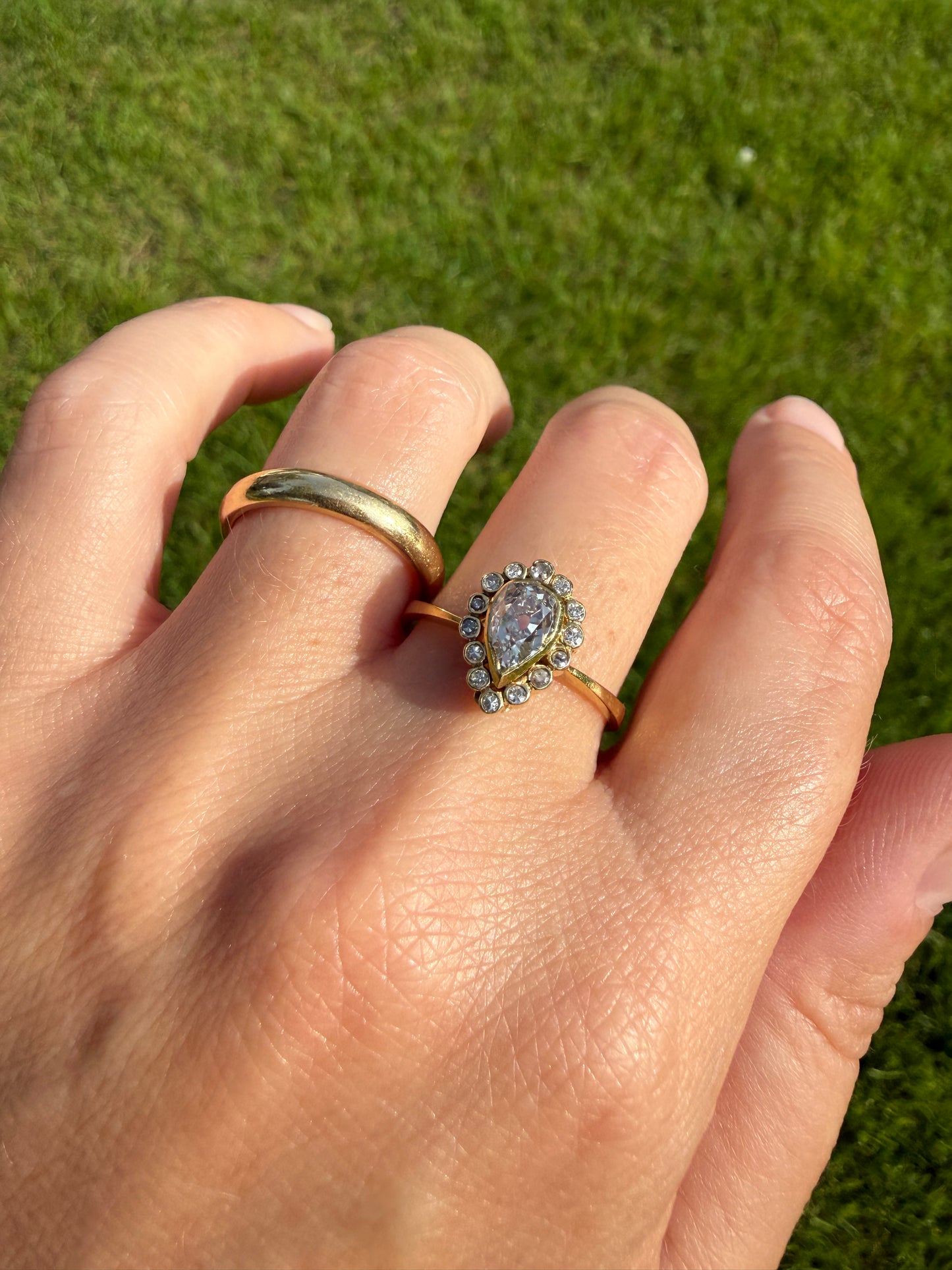 Vintage Halo Ring with Chunky .6 Carat Antique Old Mine Cut PEAR Diamond Eye Clean & Old Single Cuts Bezel Set Ring Teardrop Stacker