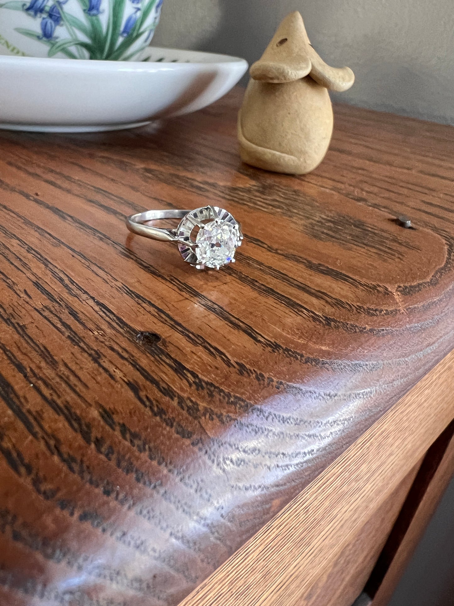 Old Mine Cut DIAMOND Solitaire Ring 1.2 Carat French Antique Engagement Ring 18k White Gold Platinum Illusion Romantic Gift Stacker OMC