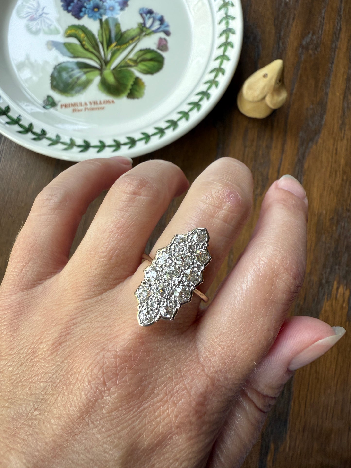 TALL Unique 2.3 Carat Old Mine Cut DIAMOND Navette Cluster Ring French Vintage 18k White Gold Demi Bezel Halo Cobblestone Texture 2.3Ctw OMC