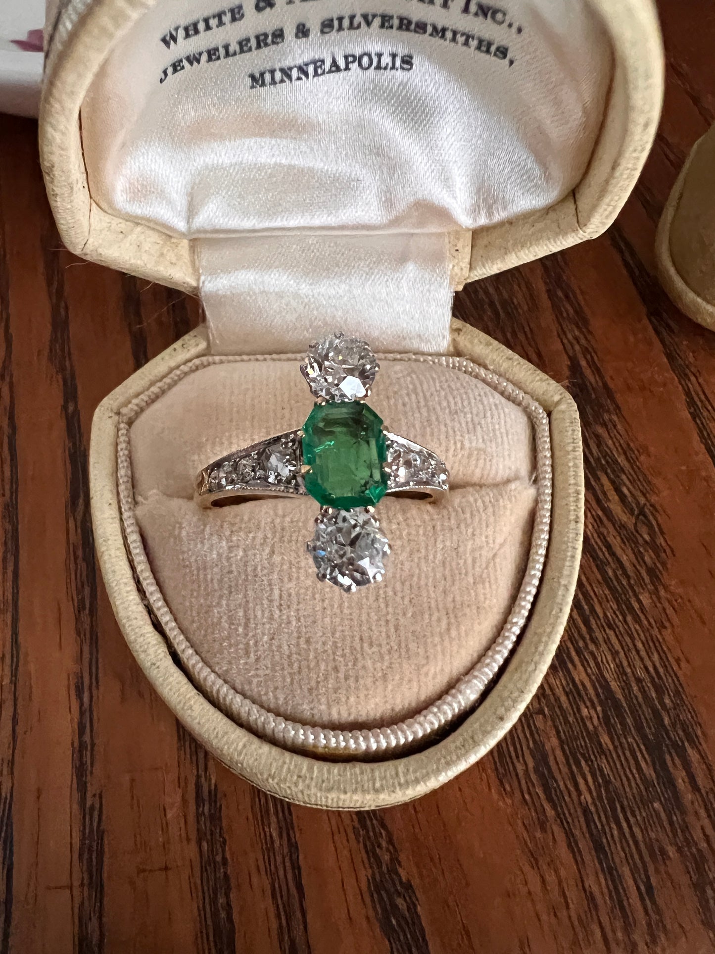 Antique Old Octagon Cut EMERALD 1.5 Carat Old Mine Cut Diamond Line Ring Edwardian Stacker Gift French 18k Gold Platinum Old Step Cut Octagonal