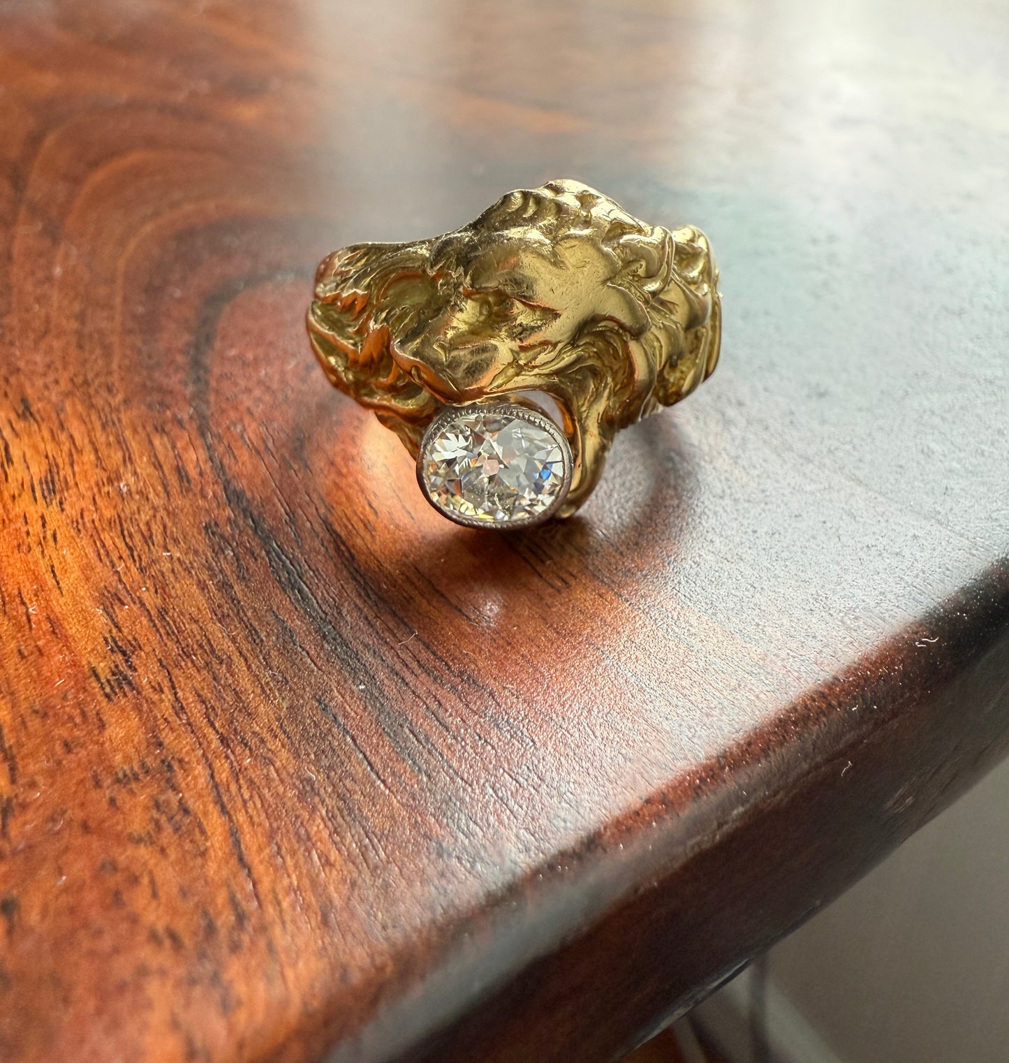 LION Antique HEAVY French 13.6g 18k GOLD Solid Ring One Carat Old Mine Cut Diamond Wide Band 3D Gift Figural Animal Jewelry Man Unisex OmC
