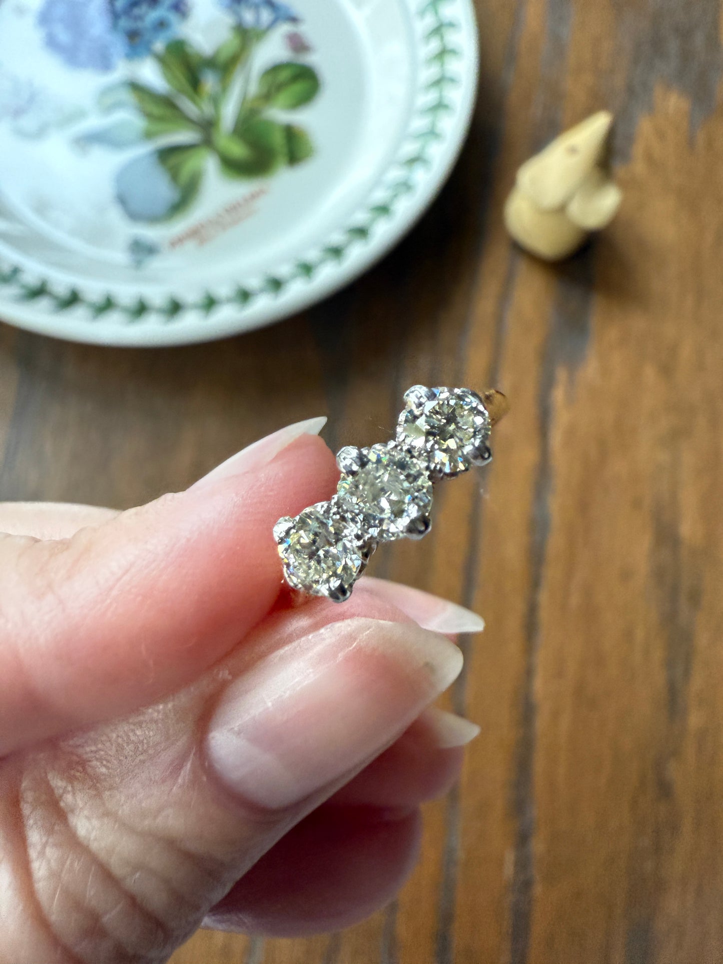 Antique One Carat Transitional Cut DIAMOND Three Stone Ring Prong Set Stacker Trilogy 18k Gold Platinum