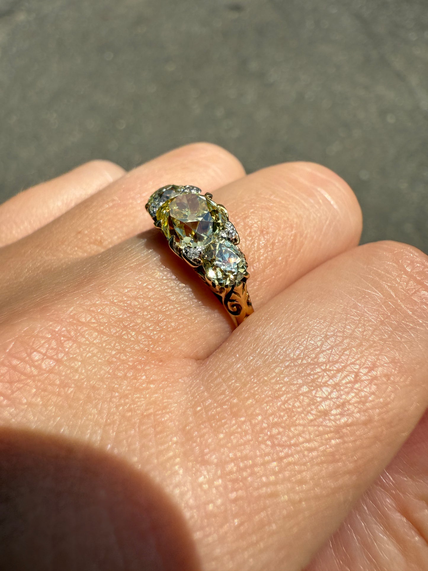 SPECIAL 3.1 Carat Antique FANCY YELLOW Old Mine Cut Diamond Three Stone Canary Ring Gemset Prong Spacers 18k Gold Rare Chunky Band