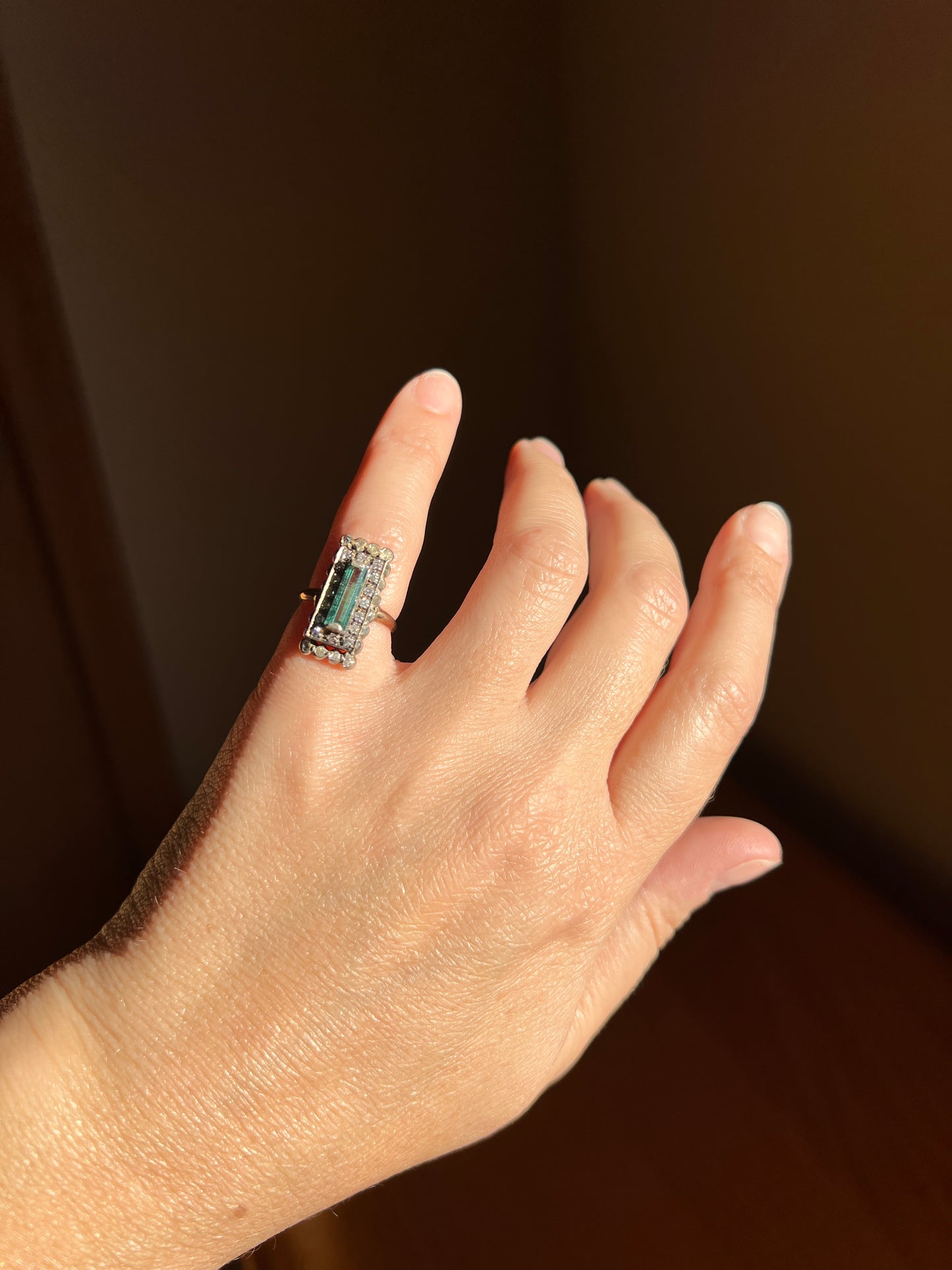 VICTORIAN Antique Emerald Cut Blue Green Tourmaline .5 Carat Rose & Single Cut Diamond Halo Panel Ring 14k Gold