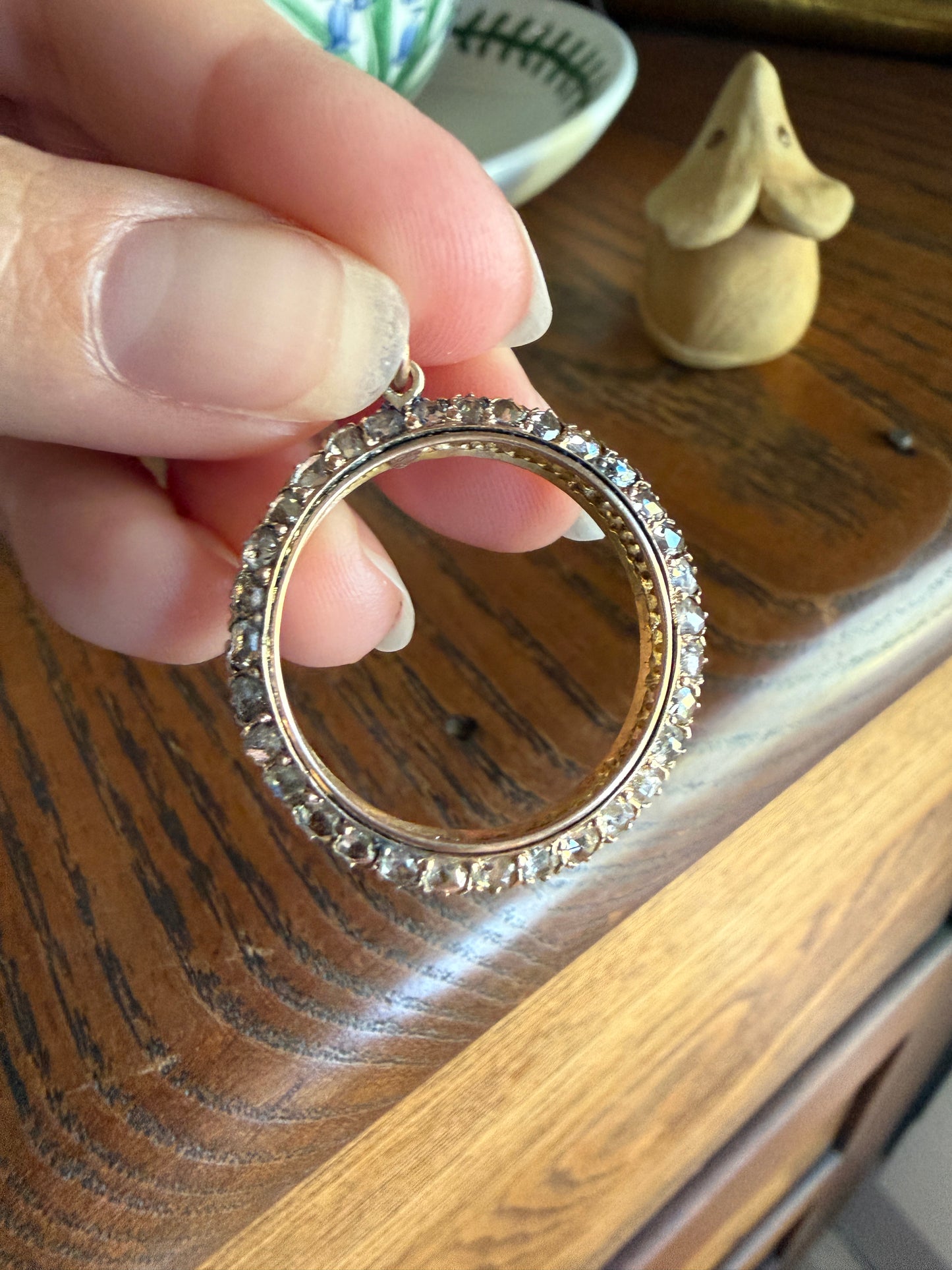 CIRCLE Pendant 32 Rose Cut DIAMOND Encrusted 18k Gold Antique VICTORIAN Figural Halo Frame Round Geometric Old Cut Gift