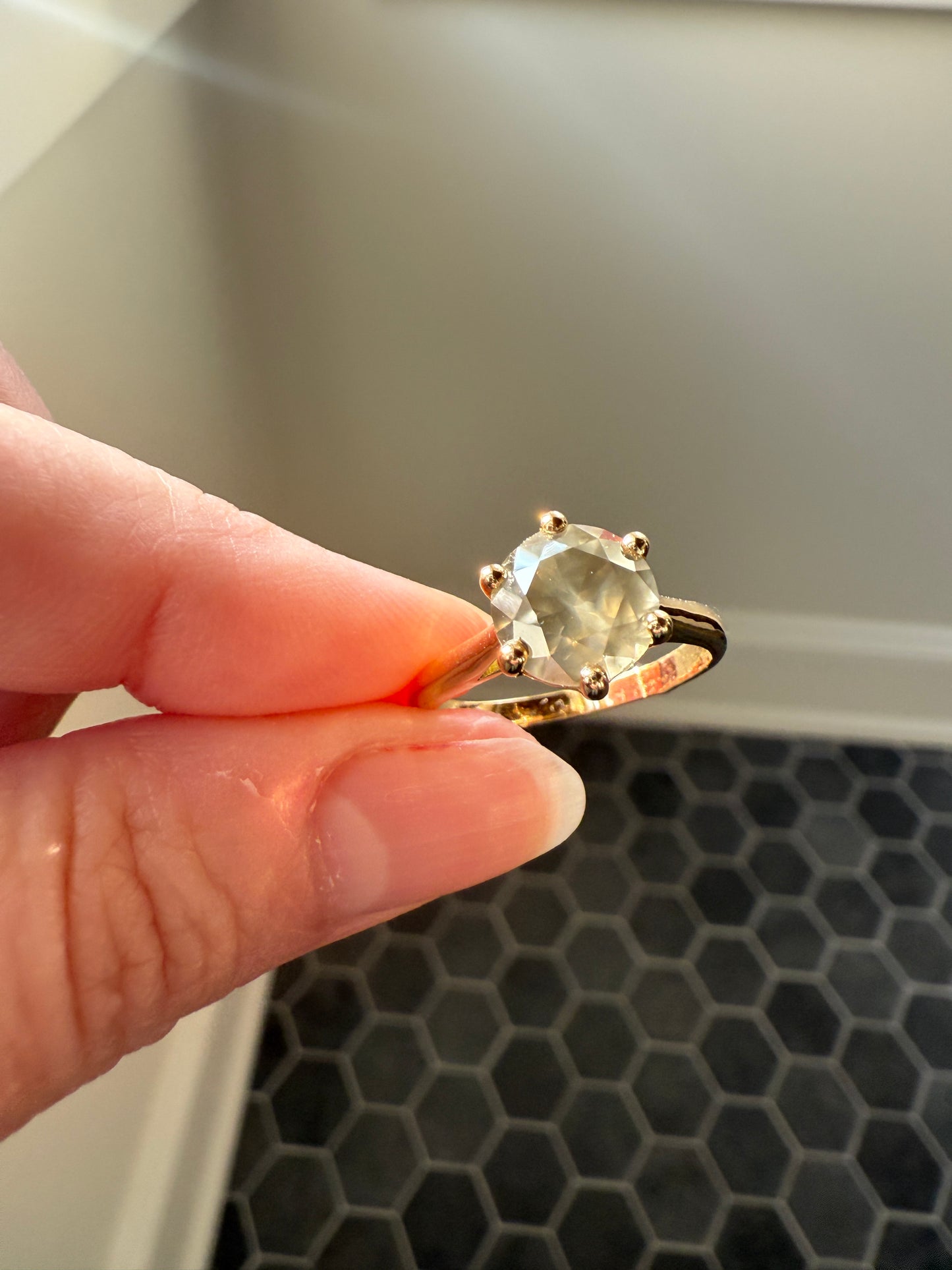Fancy Intense Yellowish Gray Natural Diamond 2.4 Carat Solitaire Ring Smoky Inner Glow Aura French Vintage 18k Gold Unique Engagement Ooak