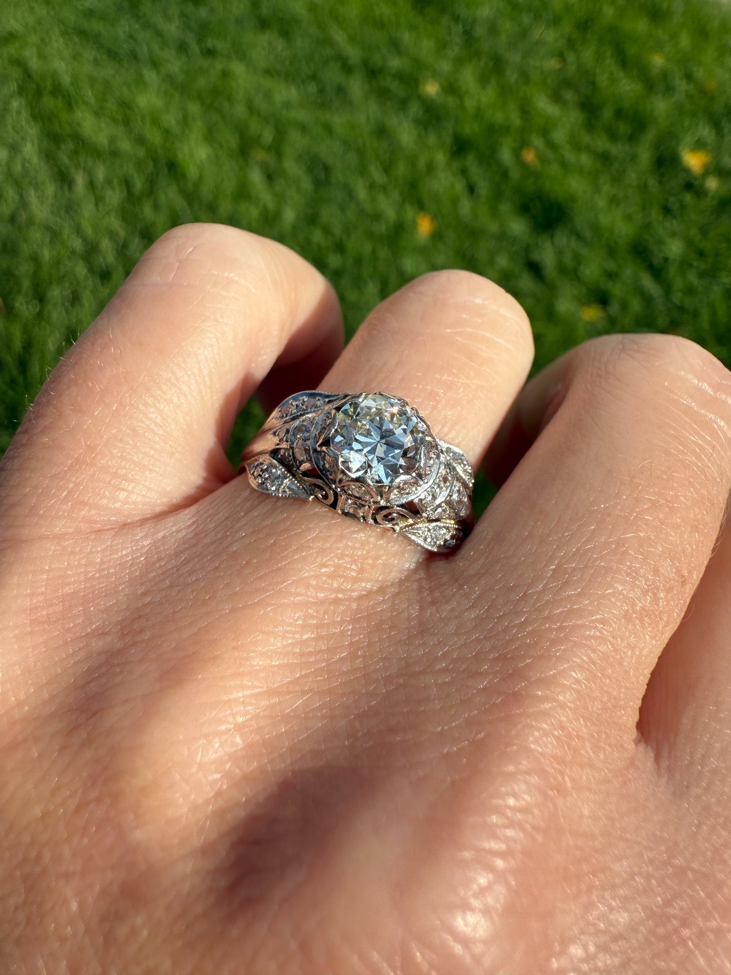 PLATINUM 1.7Ctw Art Deco Eye CLEAN Old European Cut Diamond Solitaire Engagement Ring w/ Wedding Set Wrap Encrusted Leaf Prong Antique c1928
