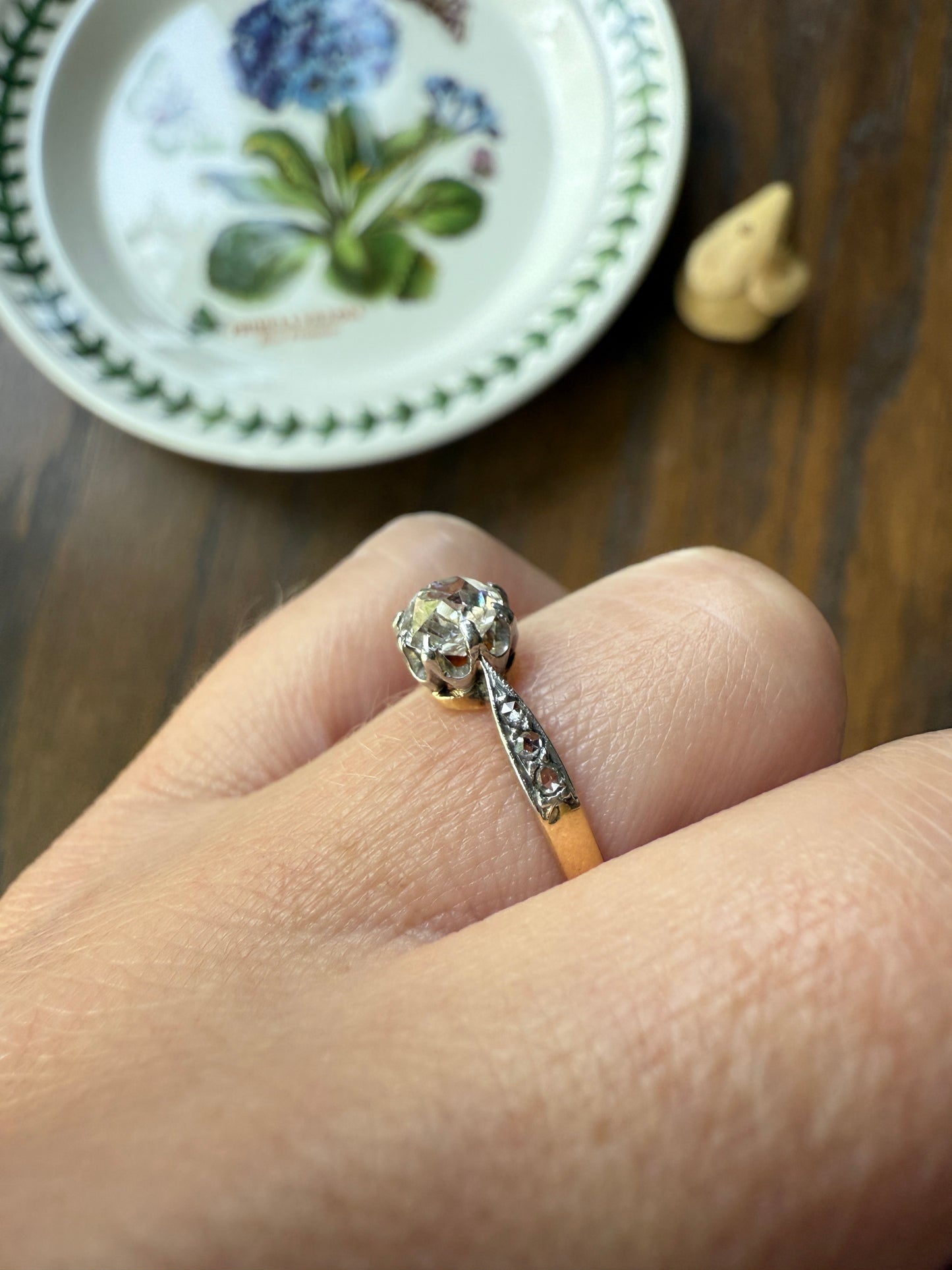Classic Antique .67 Carat Old Mine Cut Diamond & Rose Cut Accents 18k Gold French Victorian Engagement Ring Solitaire Band Stacker OMC