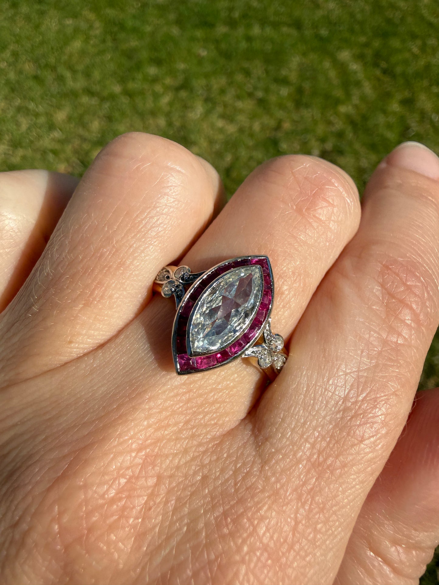 Vintage One Carat Old Cut MARQUISE Diamond Ruby HALO Navette French Art Deco Ring 18k Gold Platinum Belle Epoque Pink Rose Cut Accents