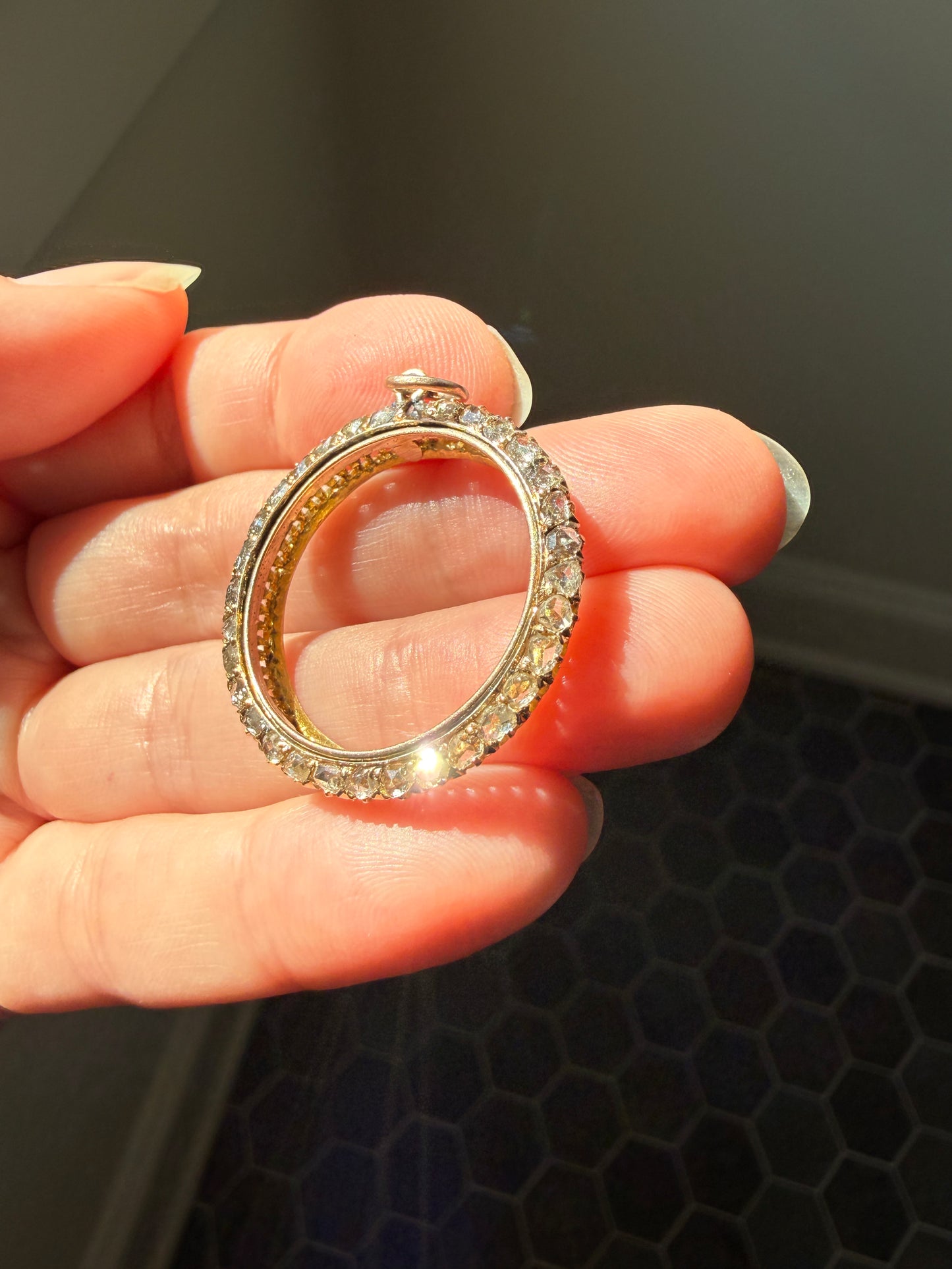 CIRCLE Pendant 32 Rose Cut DIAMOND Encrusted 18k Gold Antique VICTORIAN Figural Halo Frame Round Geometric Old Cut Gift
