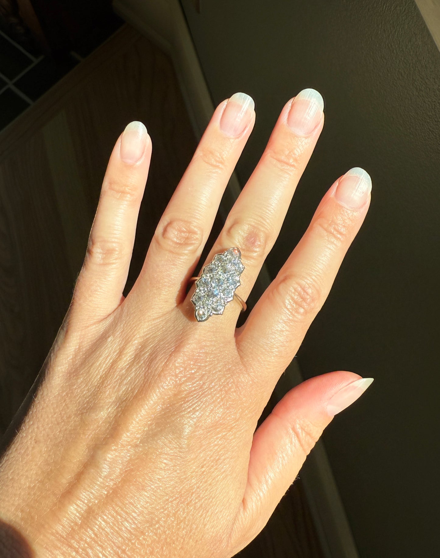 TALL Unique 2.3 Carat Old Mine Cut DIAMOND Navette Cluster Ring French Vintage 18k White Gold Demi Bezel Halo Cobblestone Texture 2.3Ctw OMC