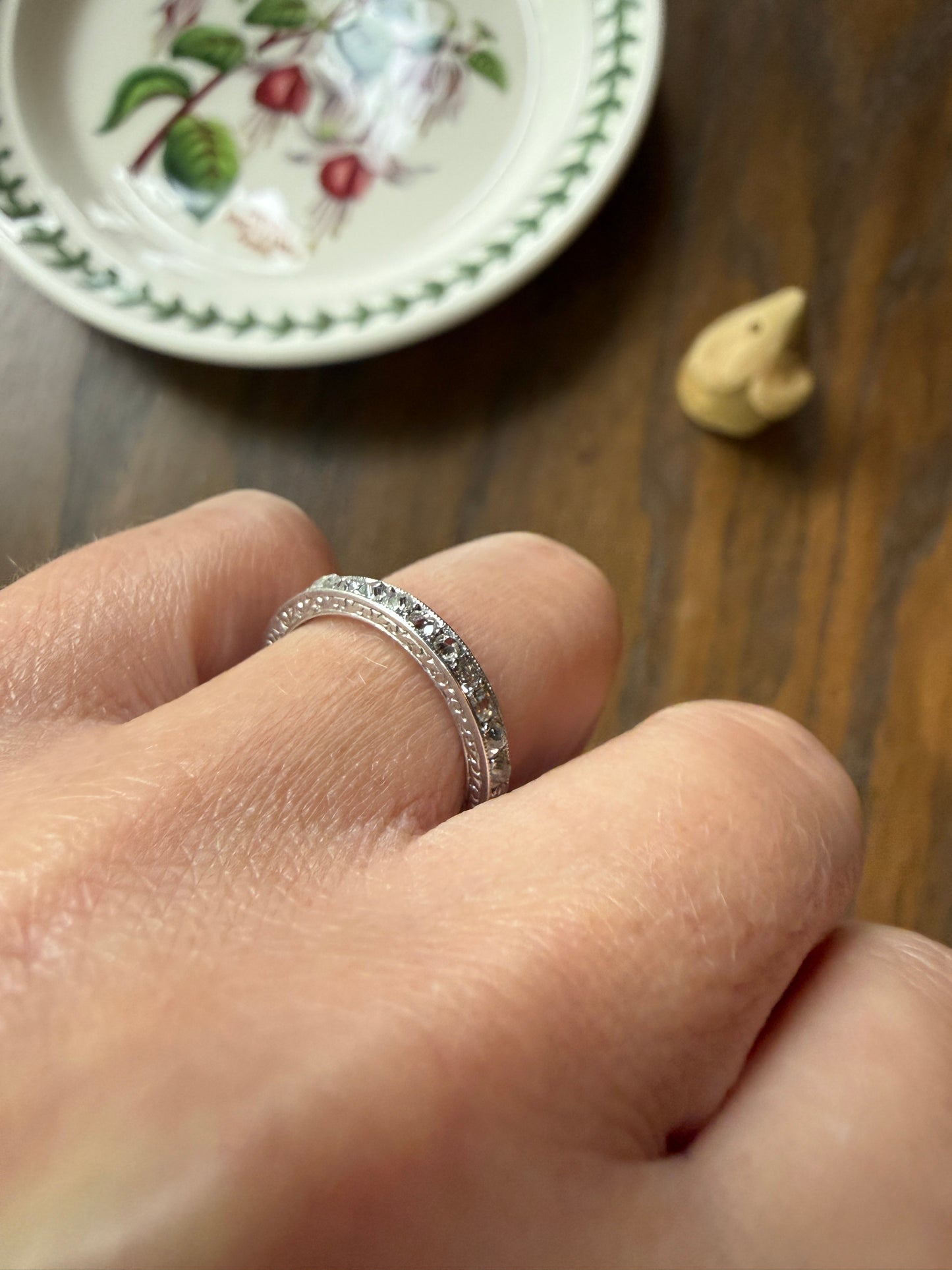French Antique PLATINUM Chunky 1.5 Carat 29 Old Mine Cut Eternity Band Skinny Wedding Band Engraved Edwardian Stacker