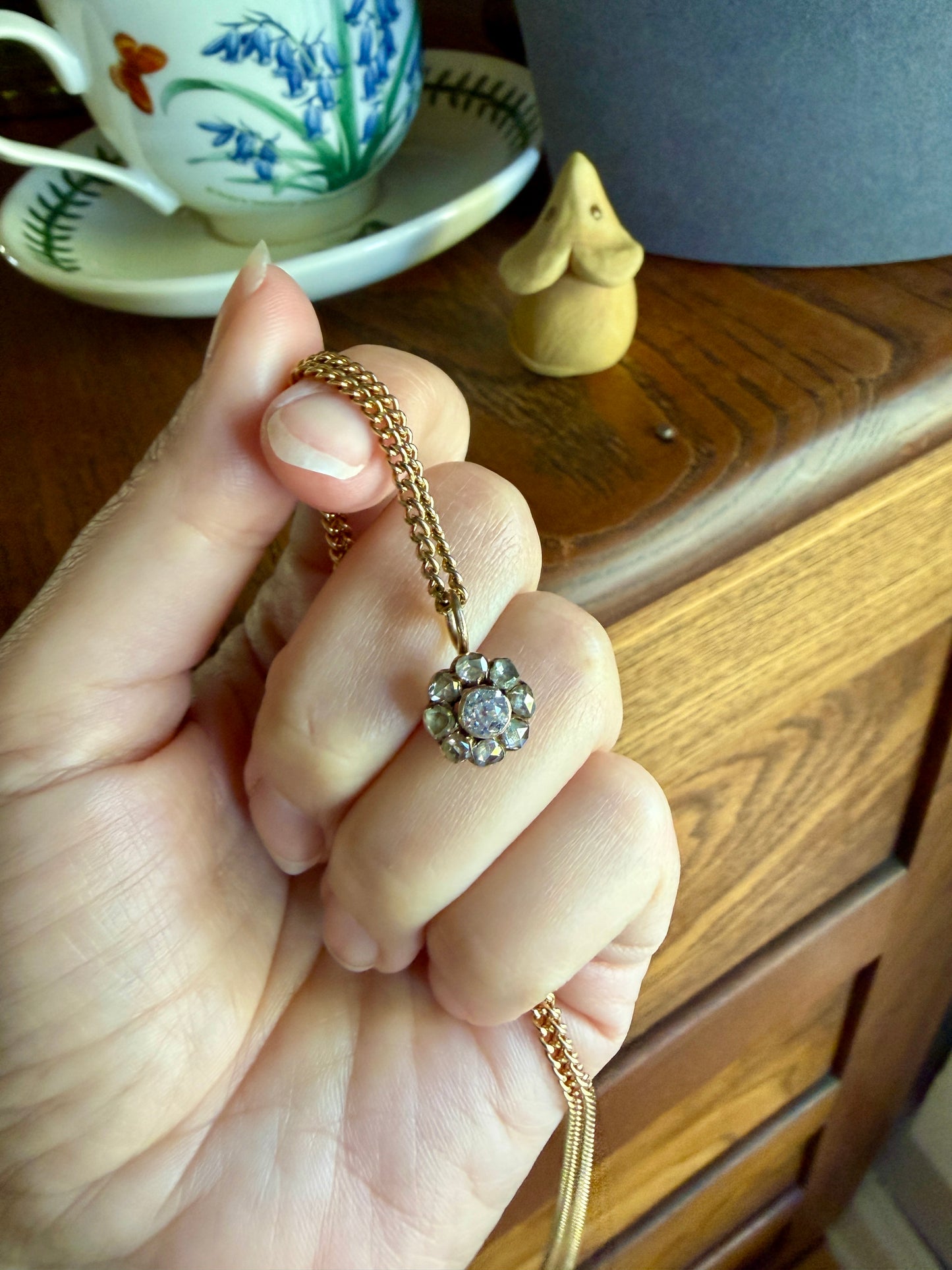 Daisy Cluster Pendant Old Mine Rose Cut DIAMOND Antique Victorian 18k Gold Pendant Necklace Bracelet Charm Floral